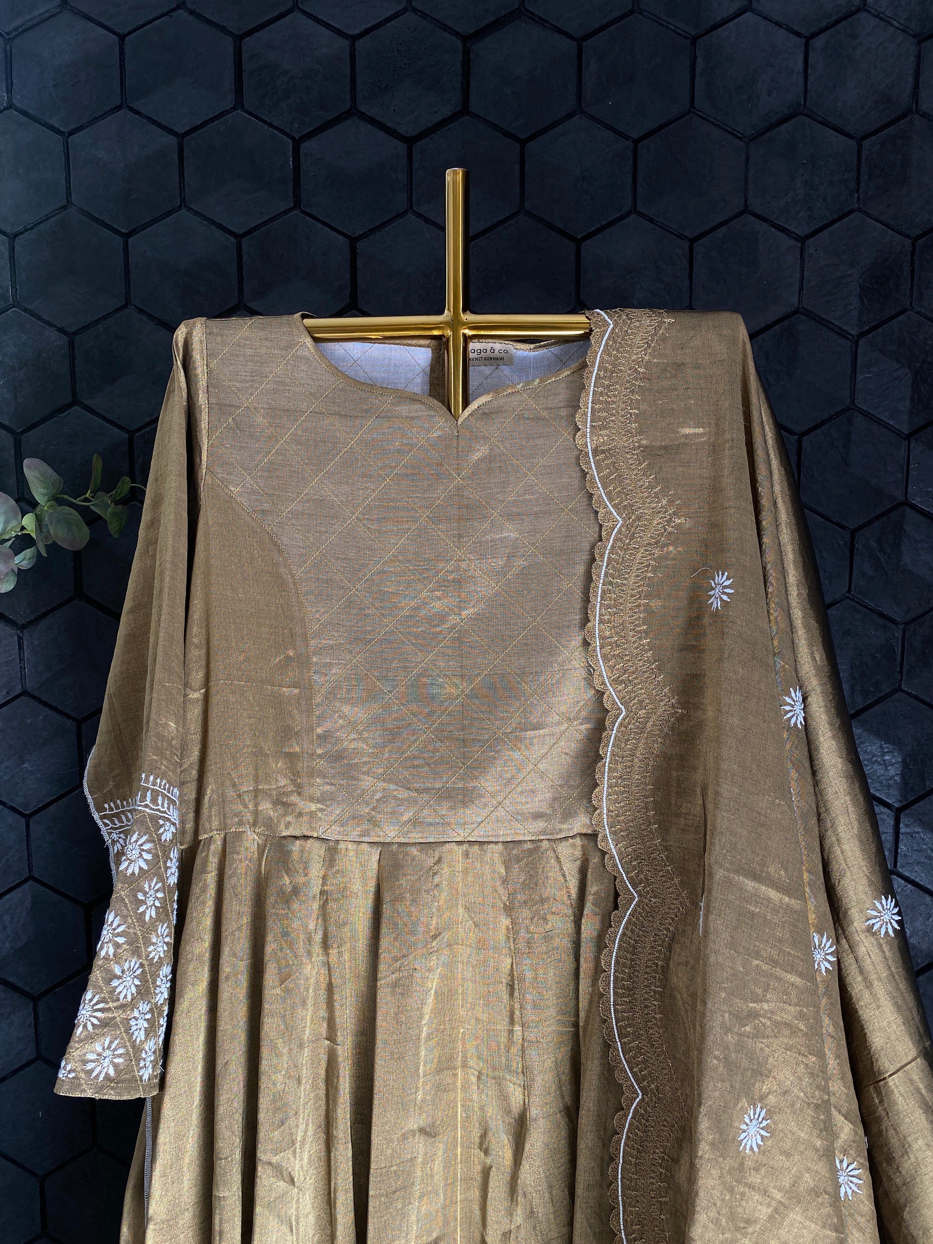 Antique gold tissue Zari anarkali set