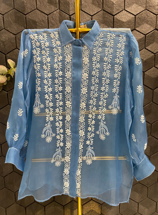 Blue organza chikankari shirt