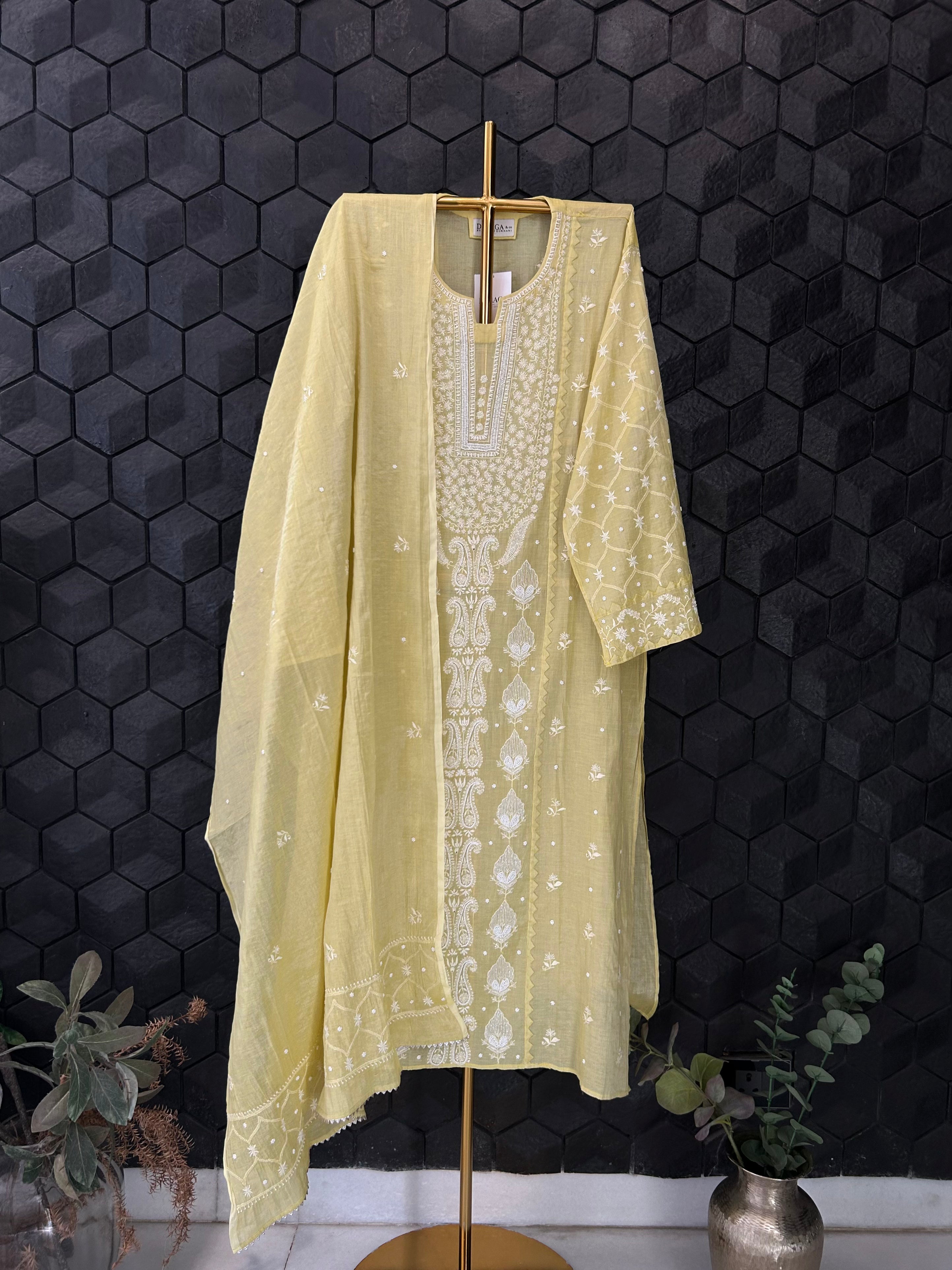 Lime Green Silver Tissue Chikankari Kurta Set