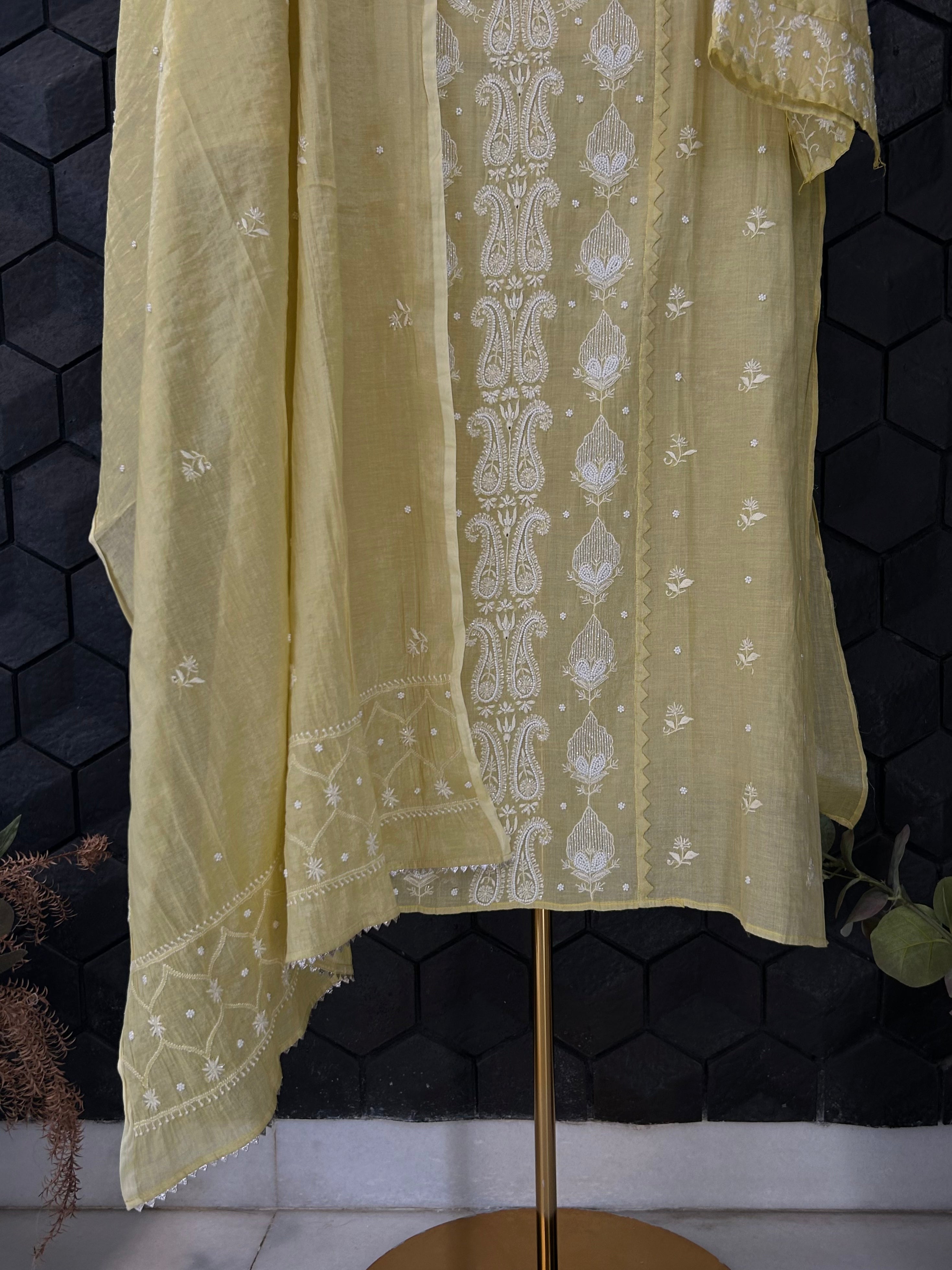Lime Green Silver Tissue Chikankari Kurta Set