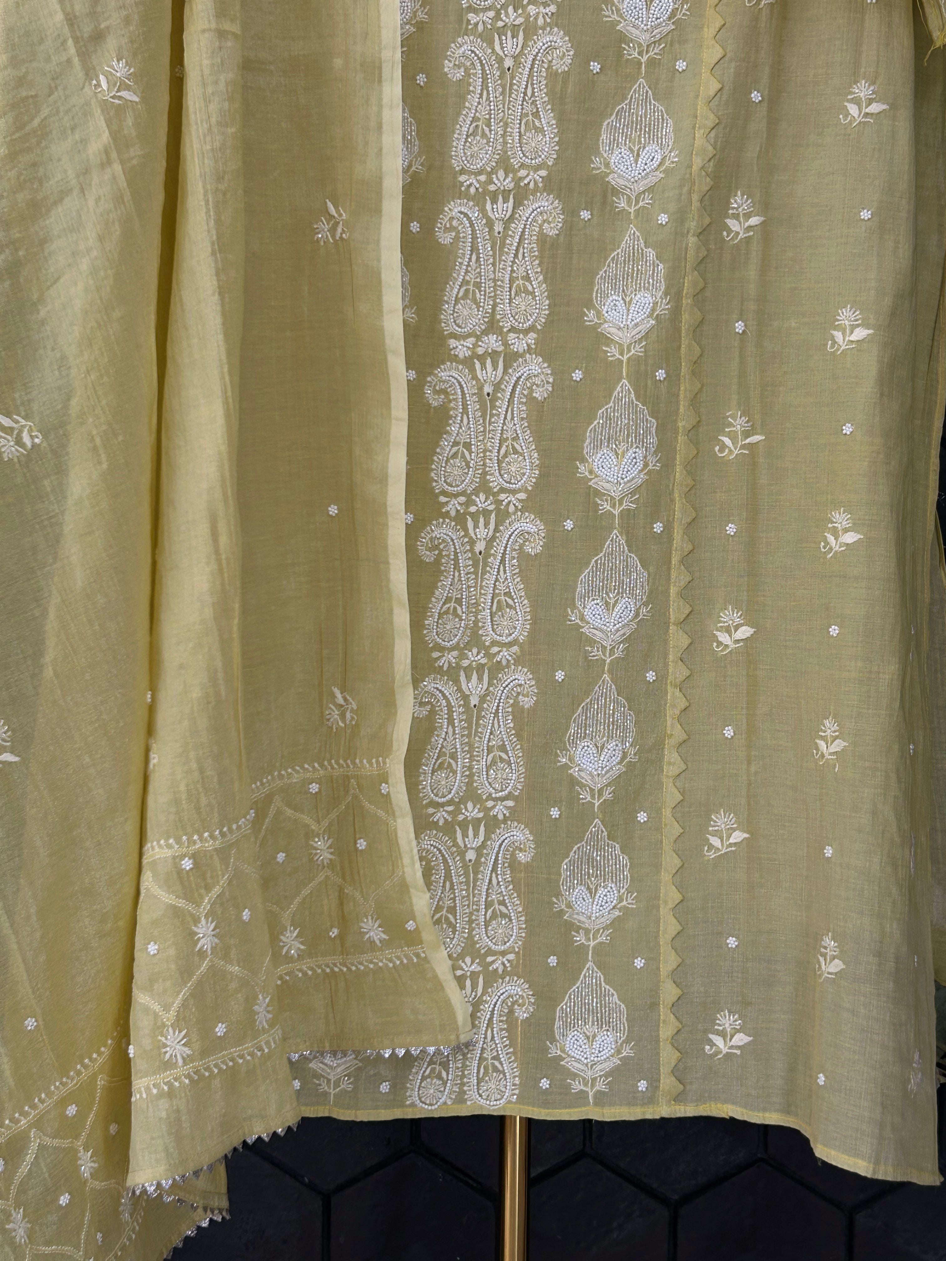 Lime Green Silver Tissue Chikankari Kurta Set