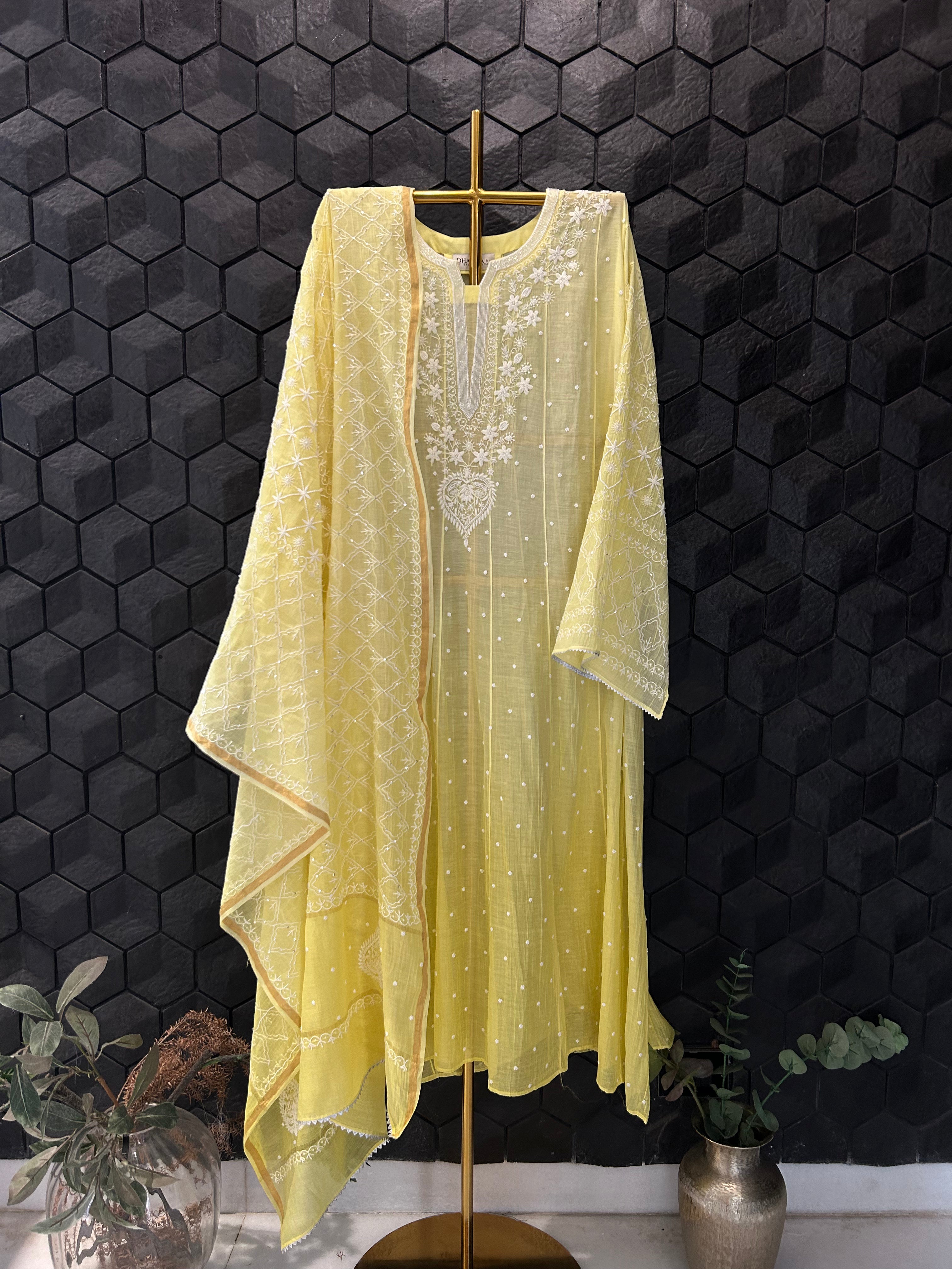 Yellow Mul Chanderi Chikankari Anarkali Set