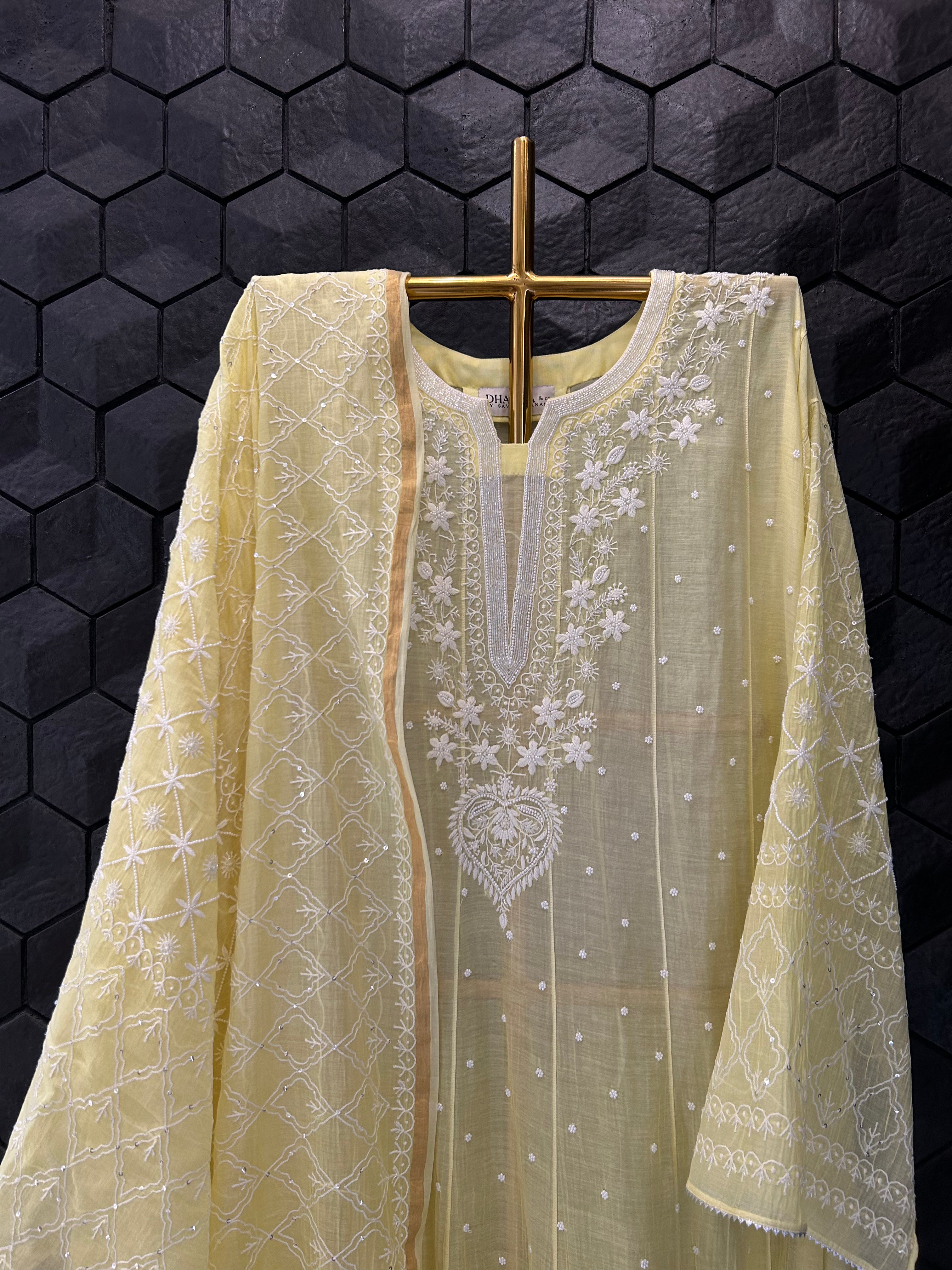 Yellow Mul Chanderi Chikankari Anarkali Set