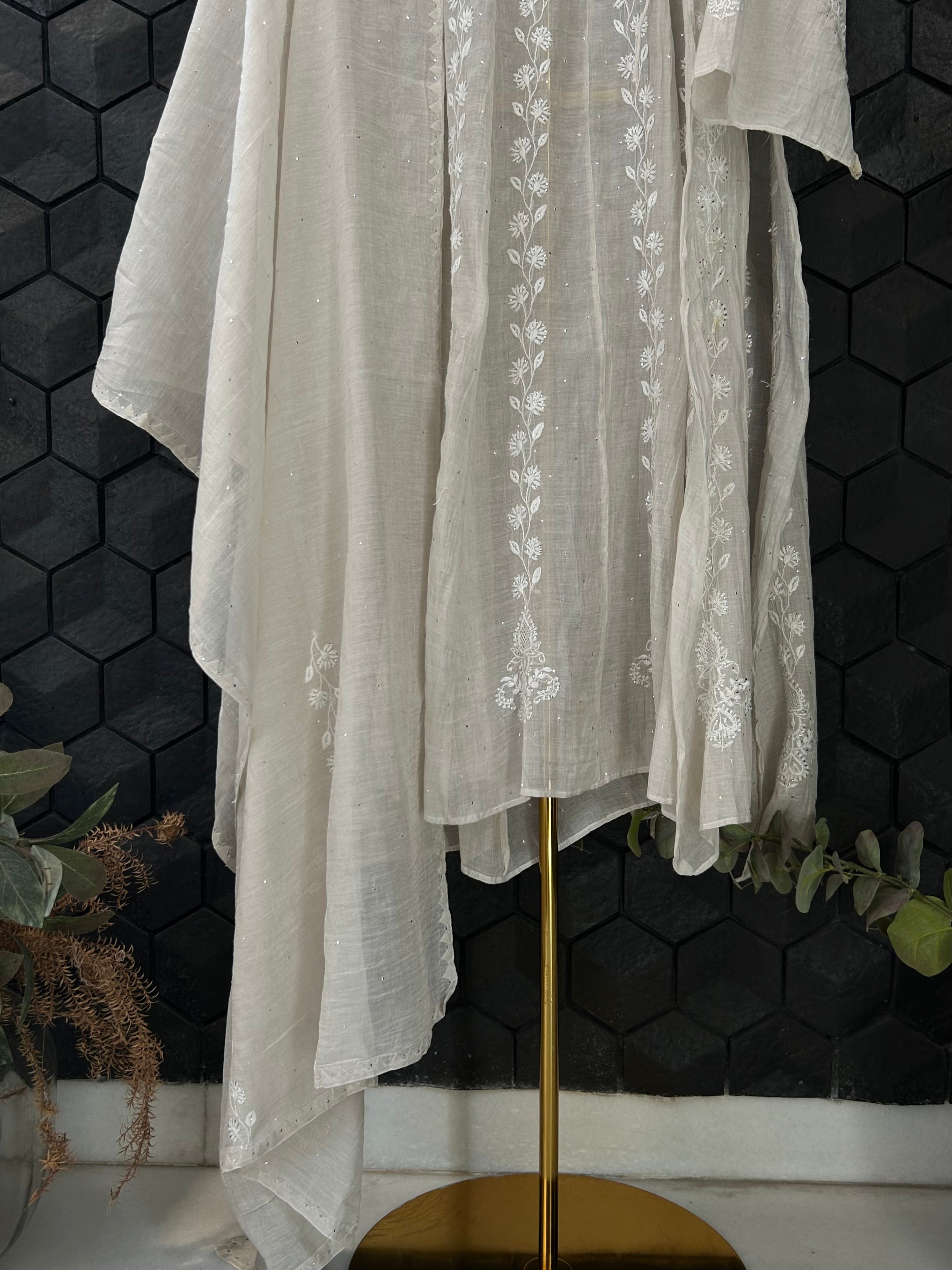 Silver Tissue Chikankari Angarkha Kurta Set