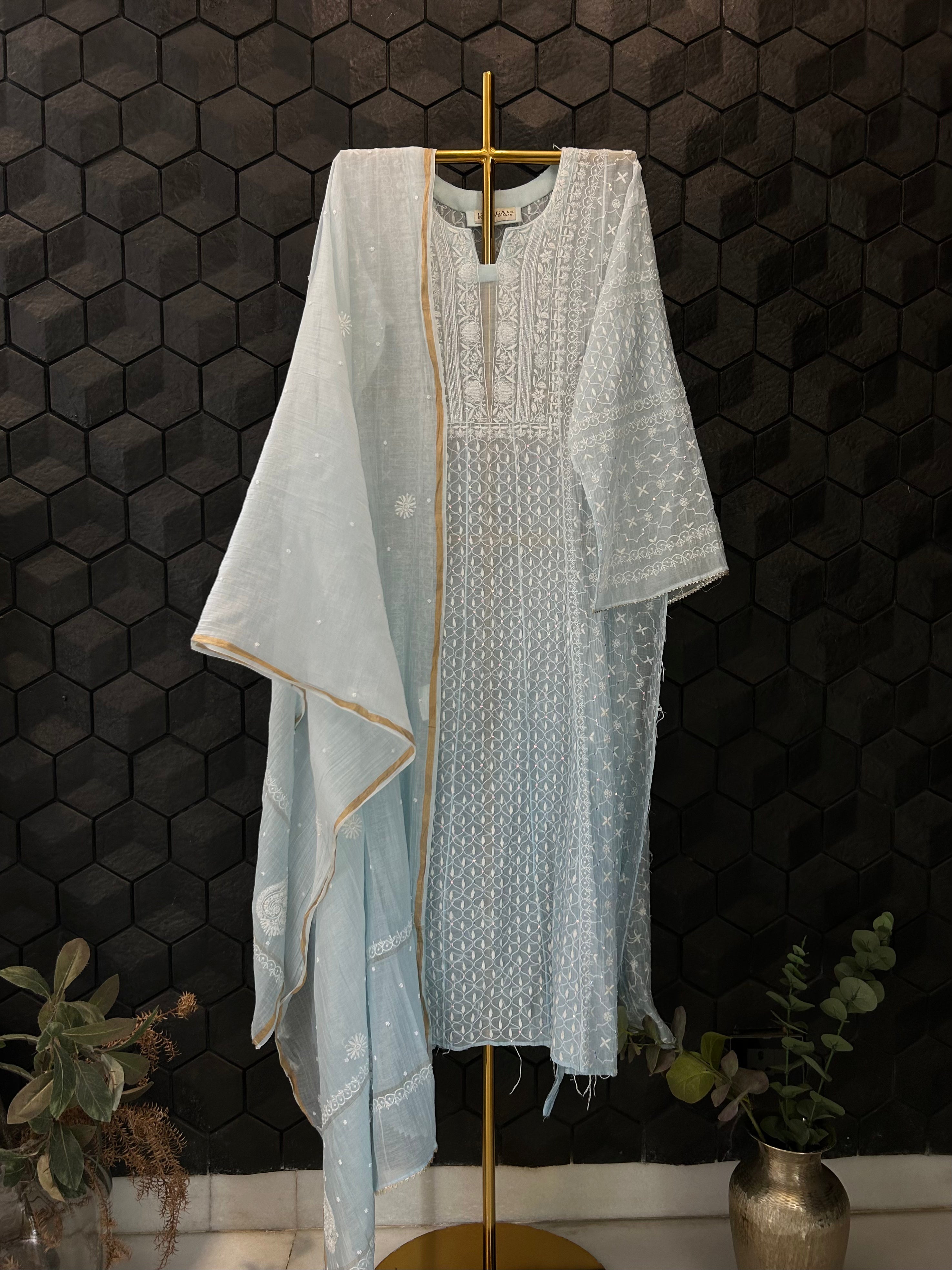 Sky Blue Mul Chanderi Chikankari Anarkali Set