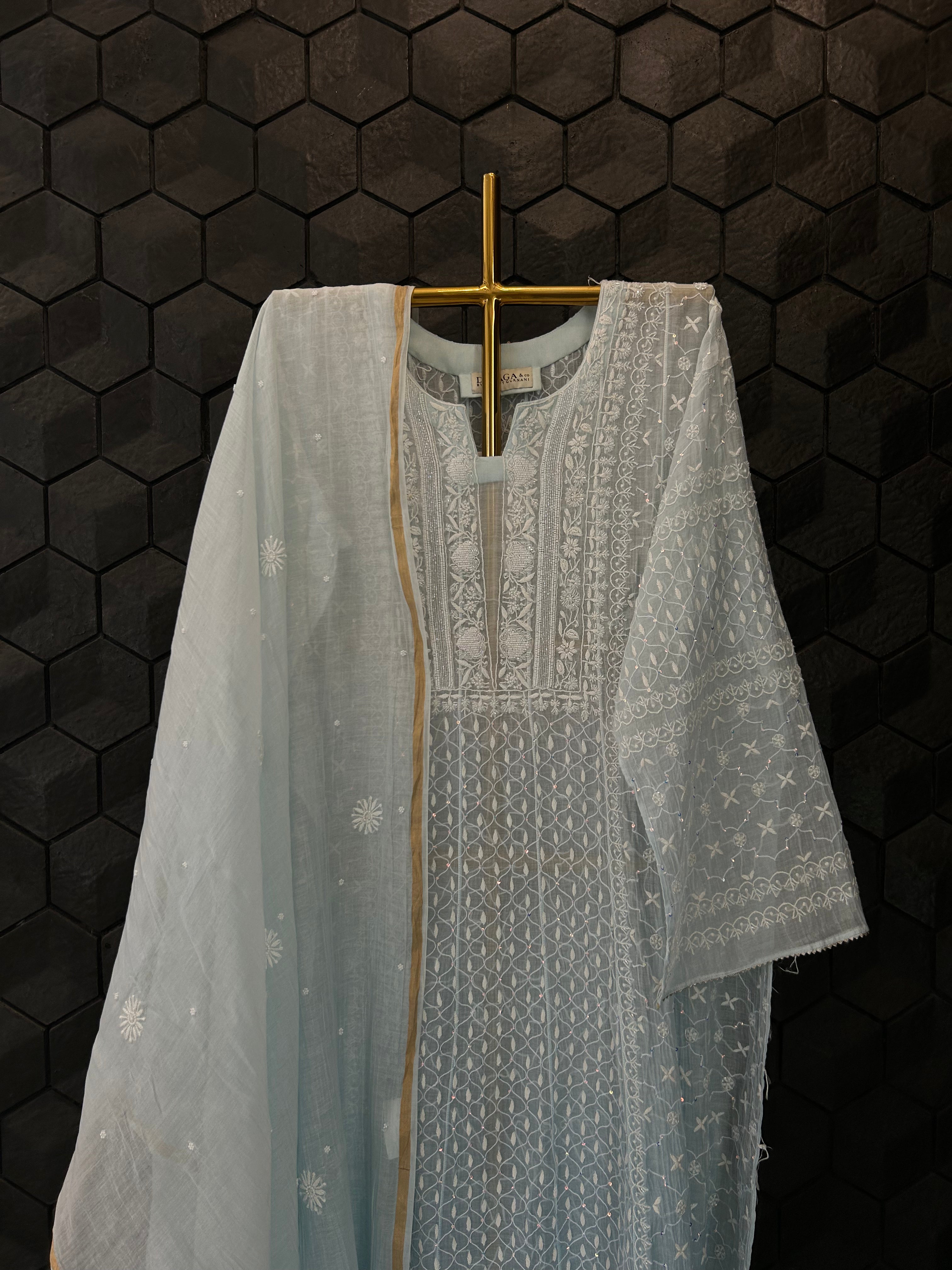 Sky Blue Mul Chanderi Chikankari Anarkali Set
