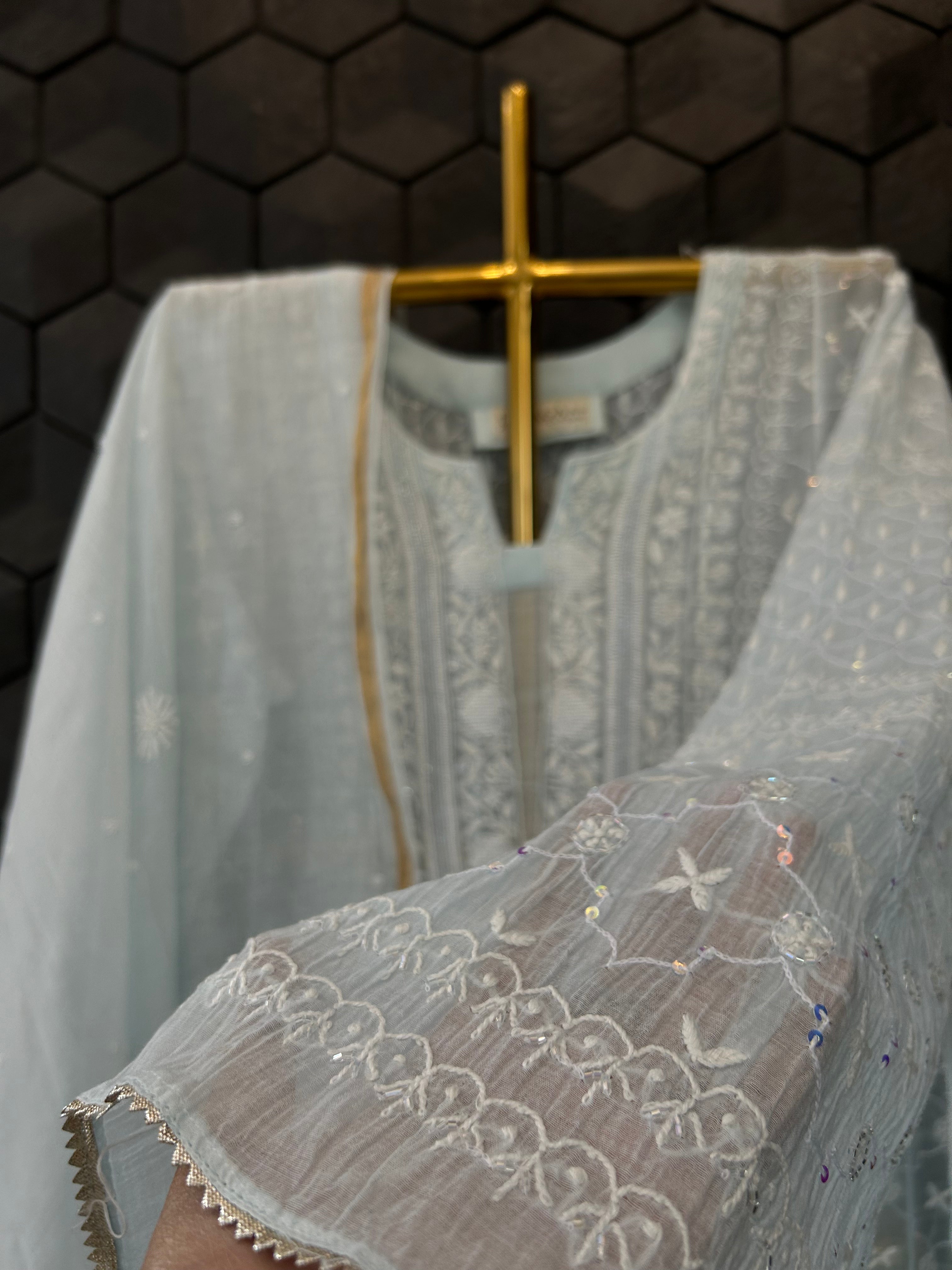 Sky Blue Mul Chanderi Chikankari Anarkali Set