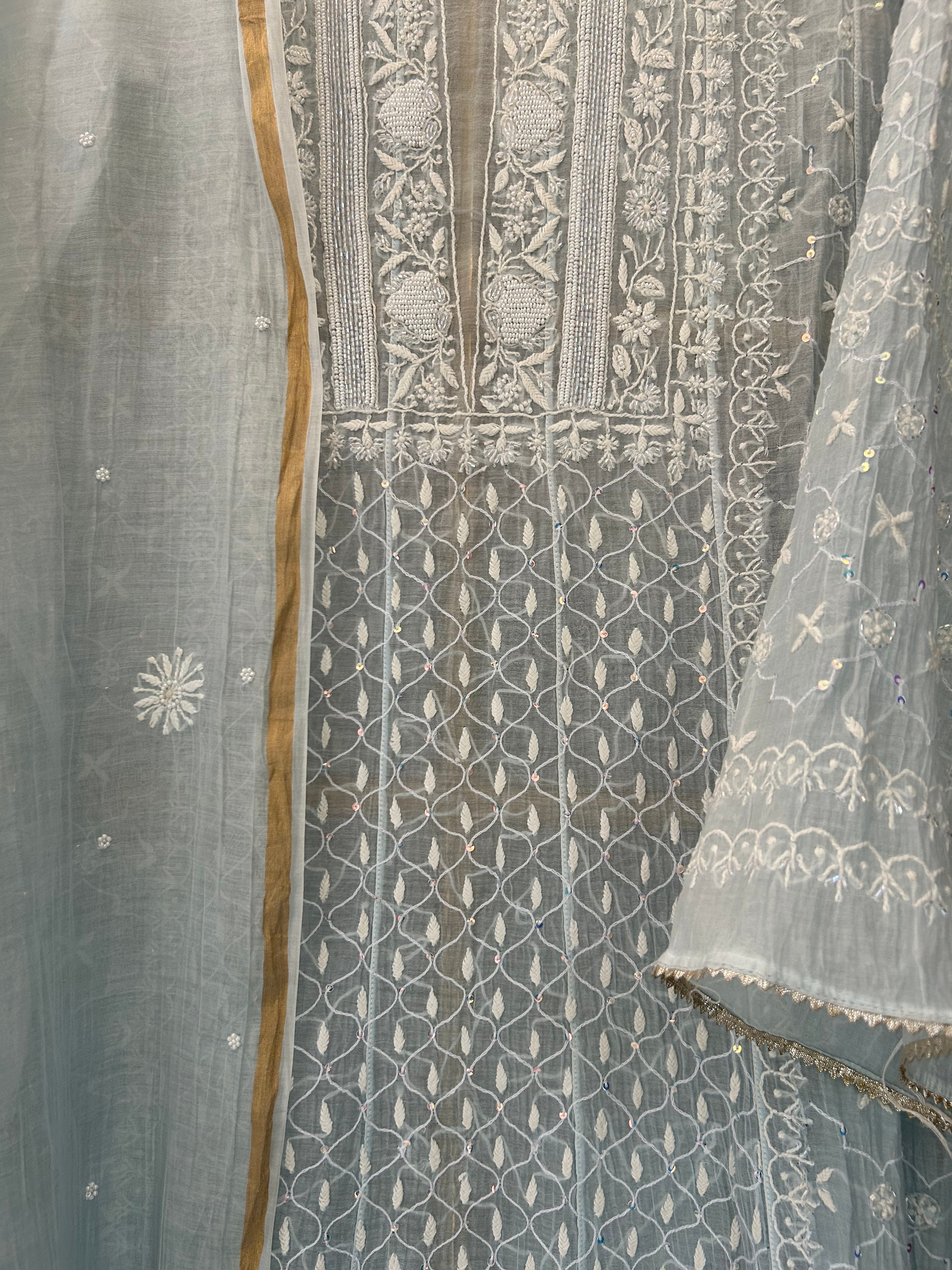 Sky Blue Mul Chanderi Chikankari Anarkali Set