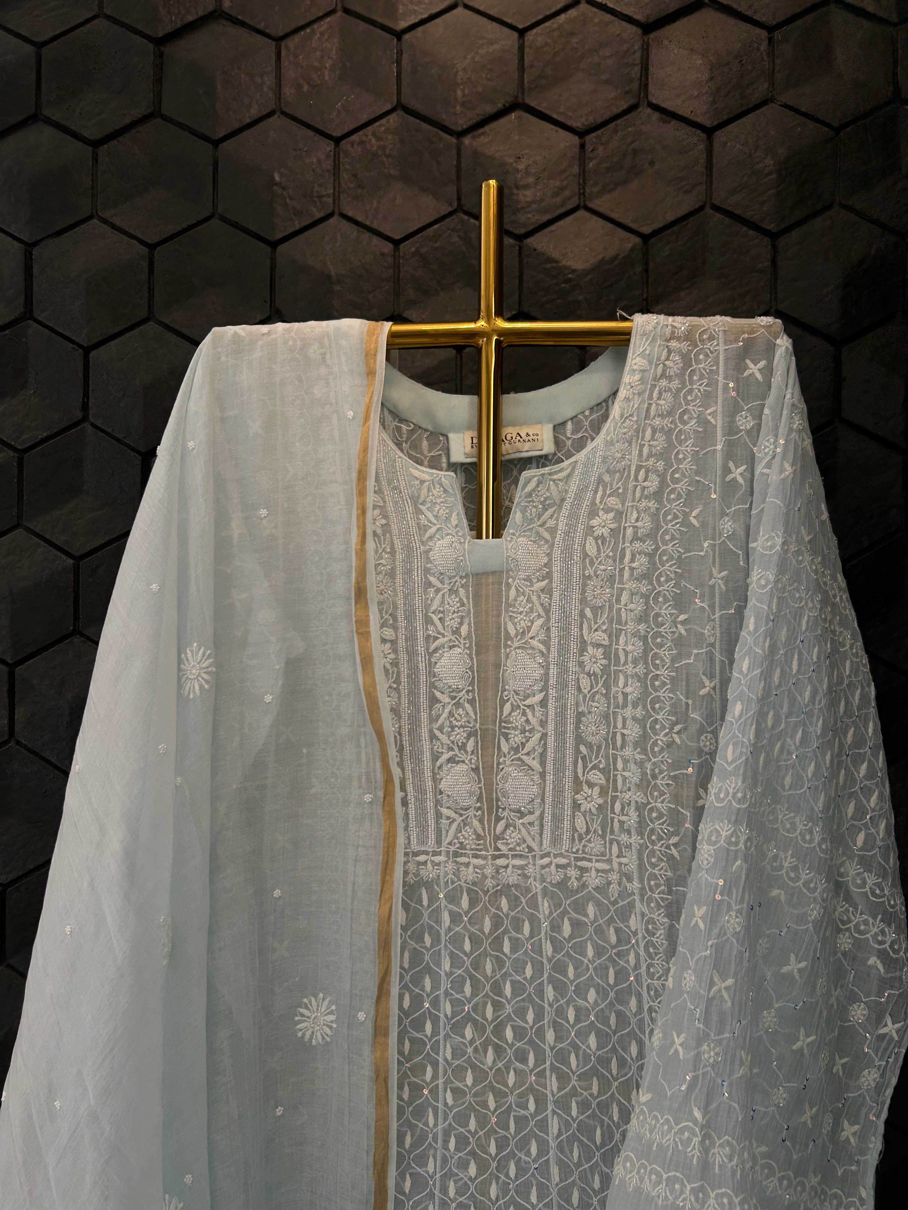 Sky Blue Mul Chanderi Chikankari Anarkali Set
