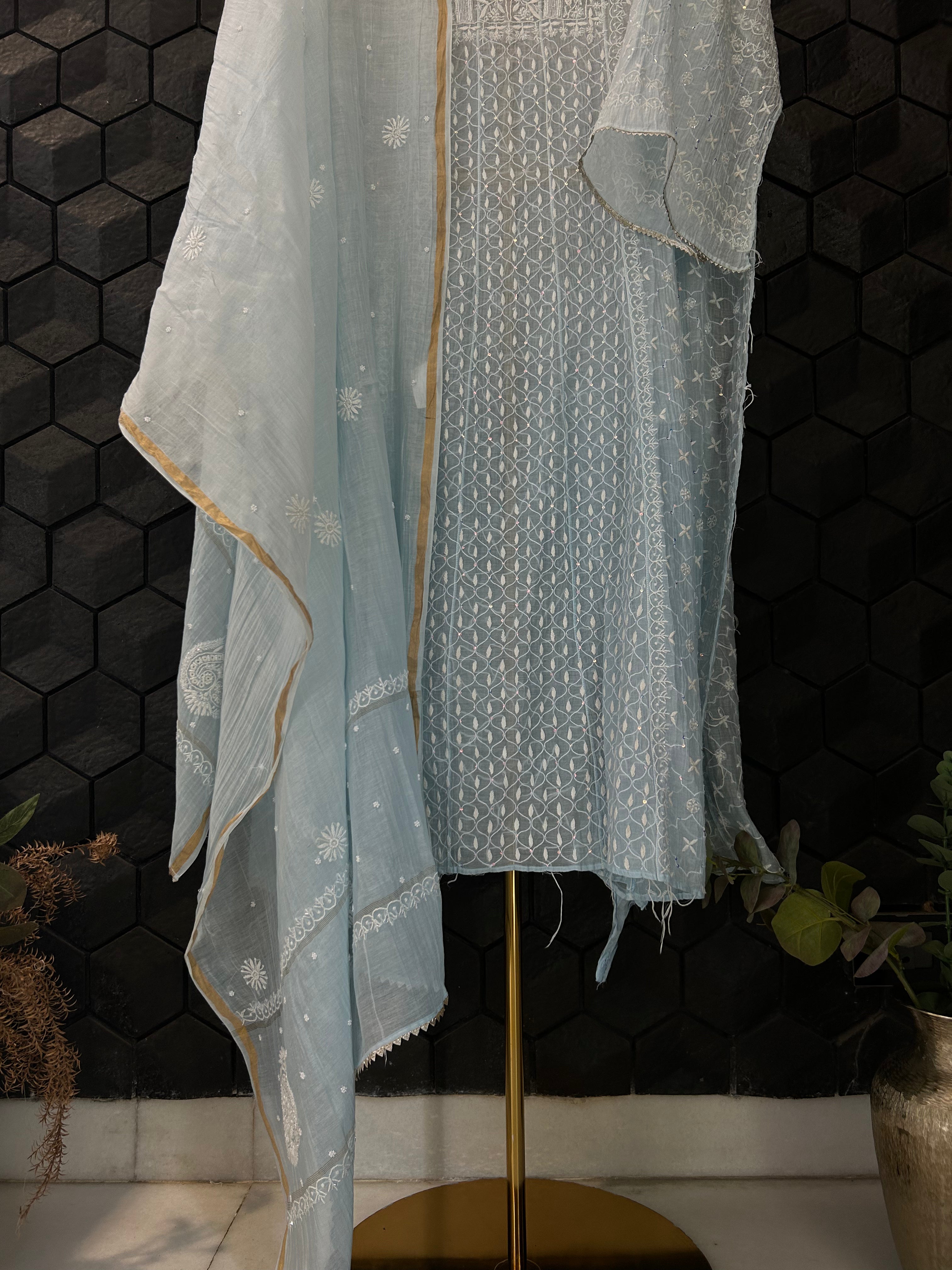 Sky Blue Mul Chanderi Chikankari Anarkali Set