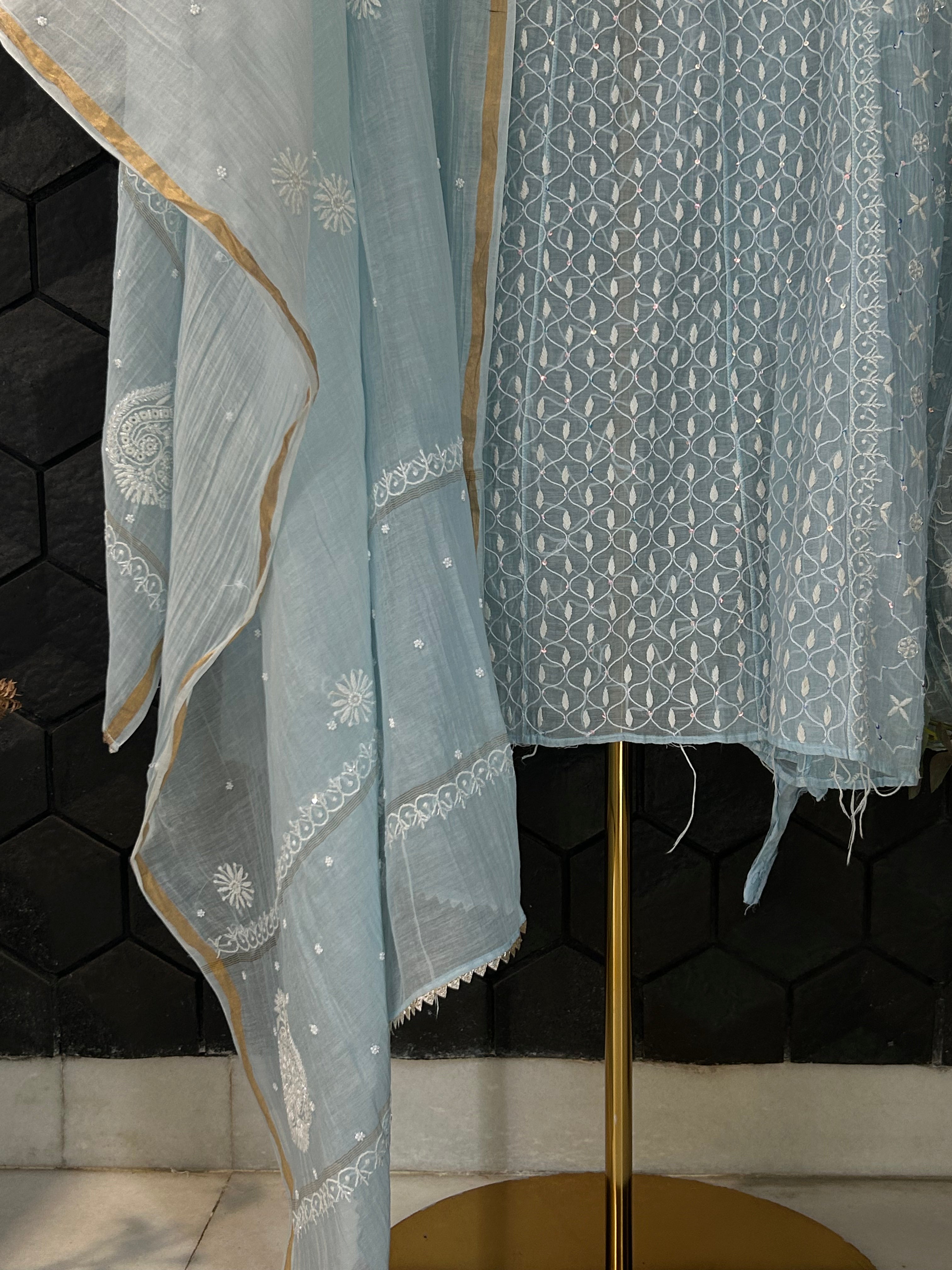 Sky Blue Mul Chanderi Chikankari Anarkali Set