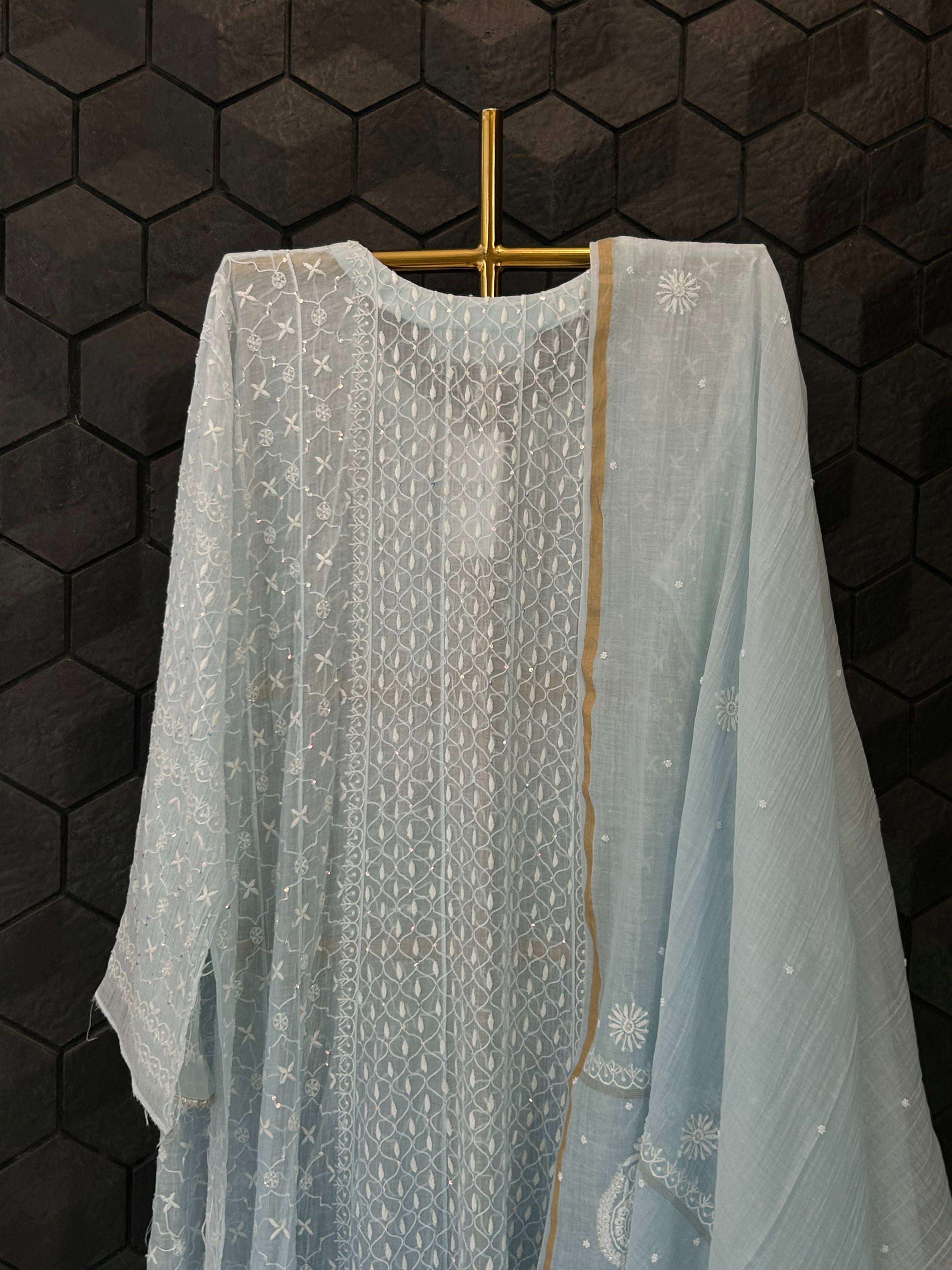 Sky Blue Mul Chanderi Chikankari Anarkali Set