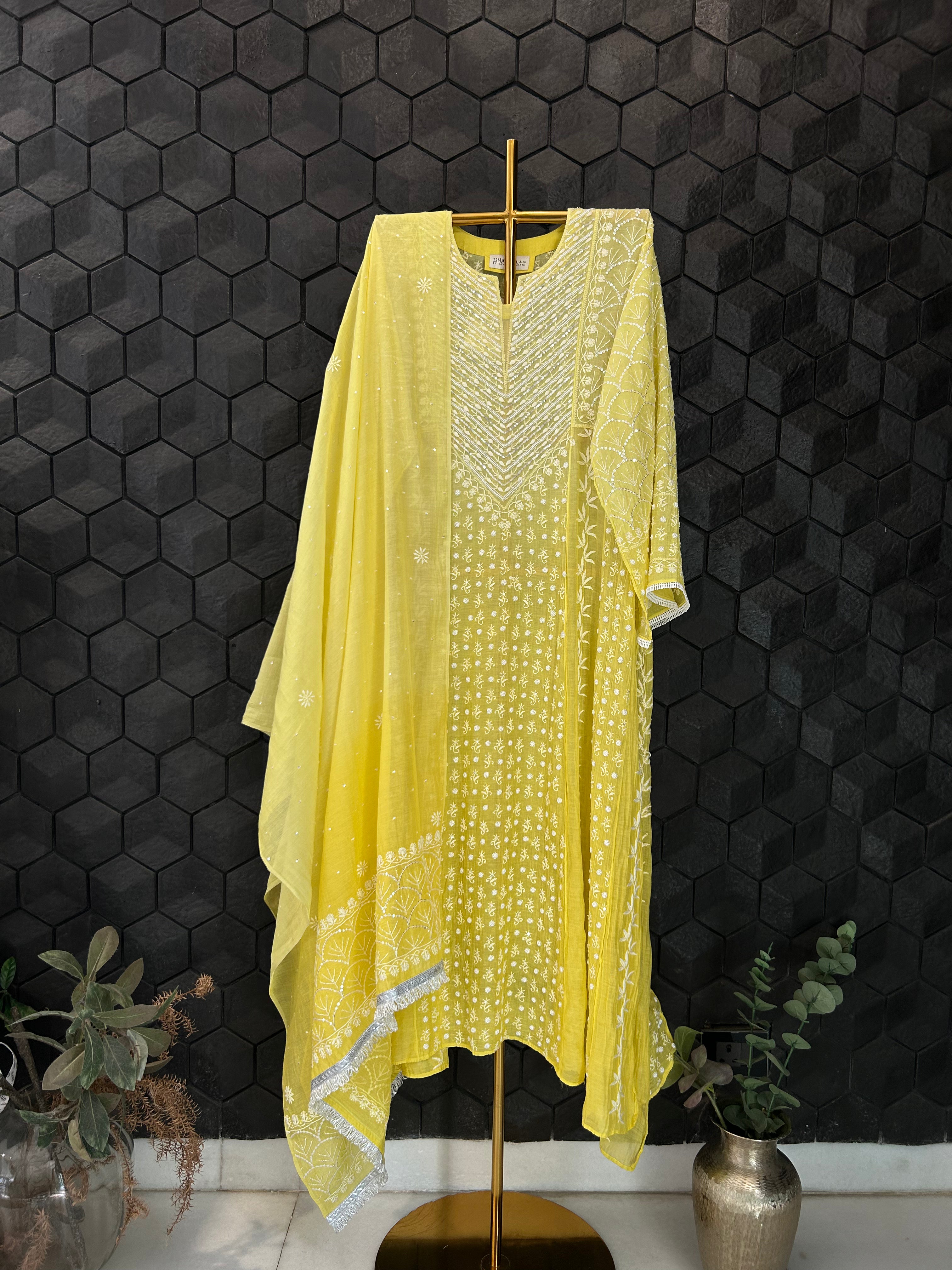 Lime Yellow Mul Chanderi Chikankari Anarkali Set