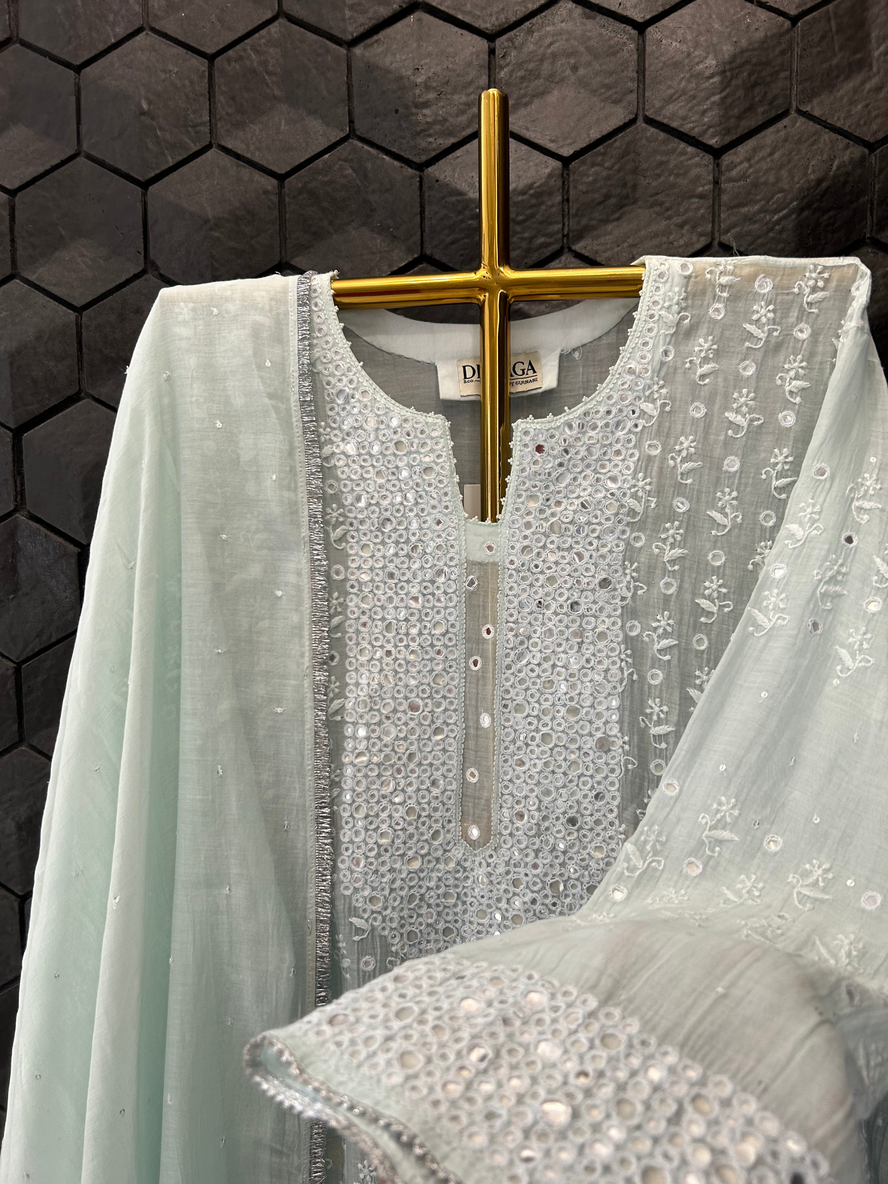 Sea Green Mul Chanderi Chikankari Kurta Set