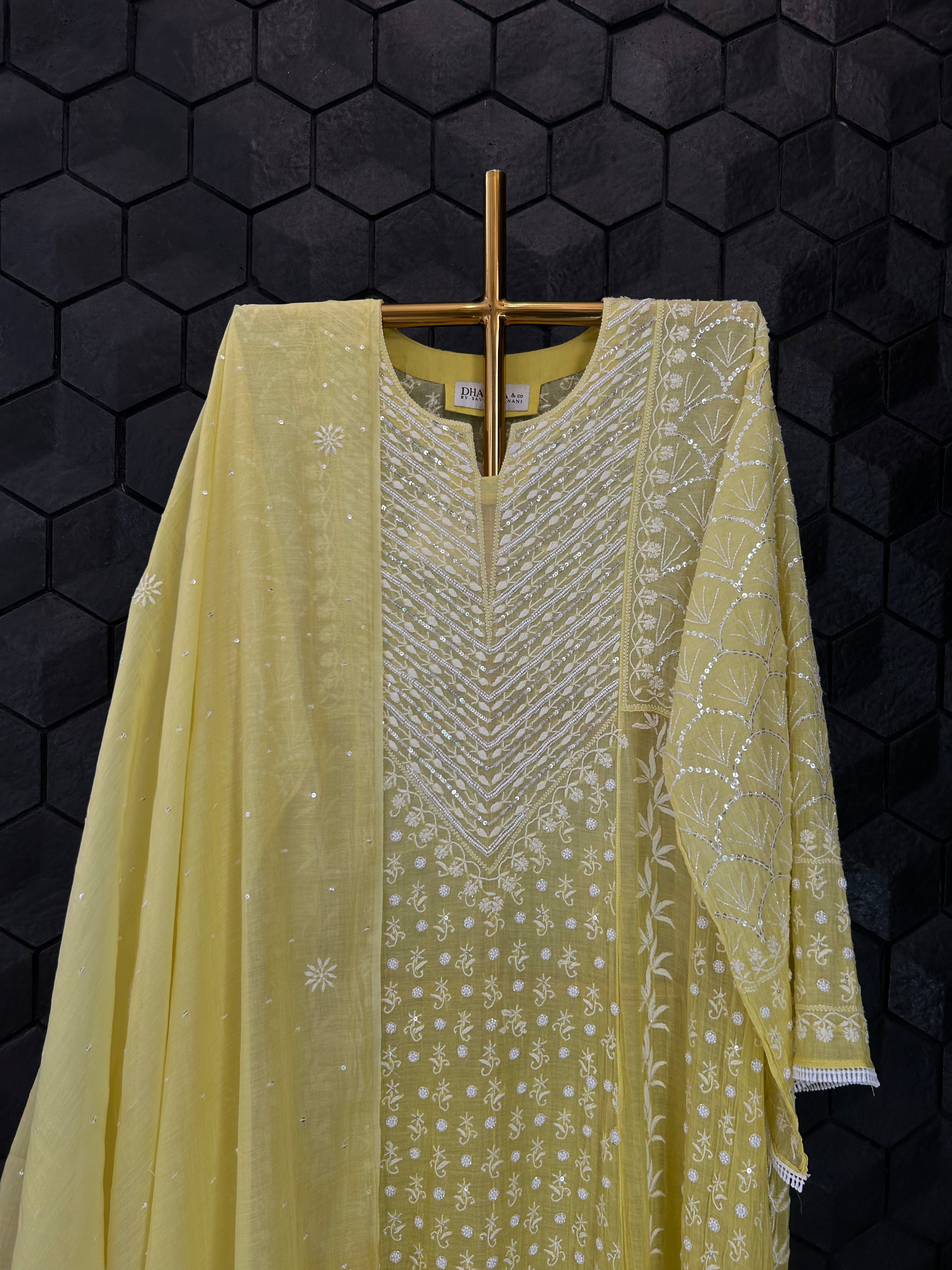 Lime Yellow Mul Chanderi Chikankari Anarkali Set