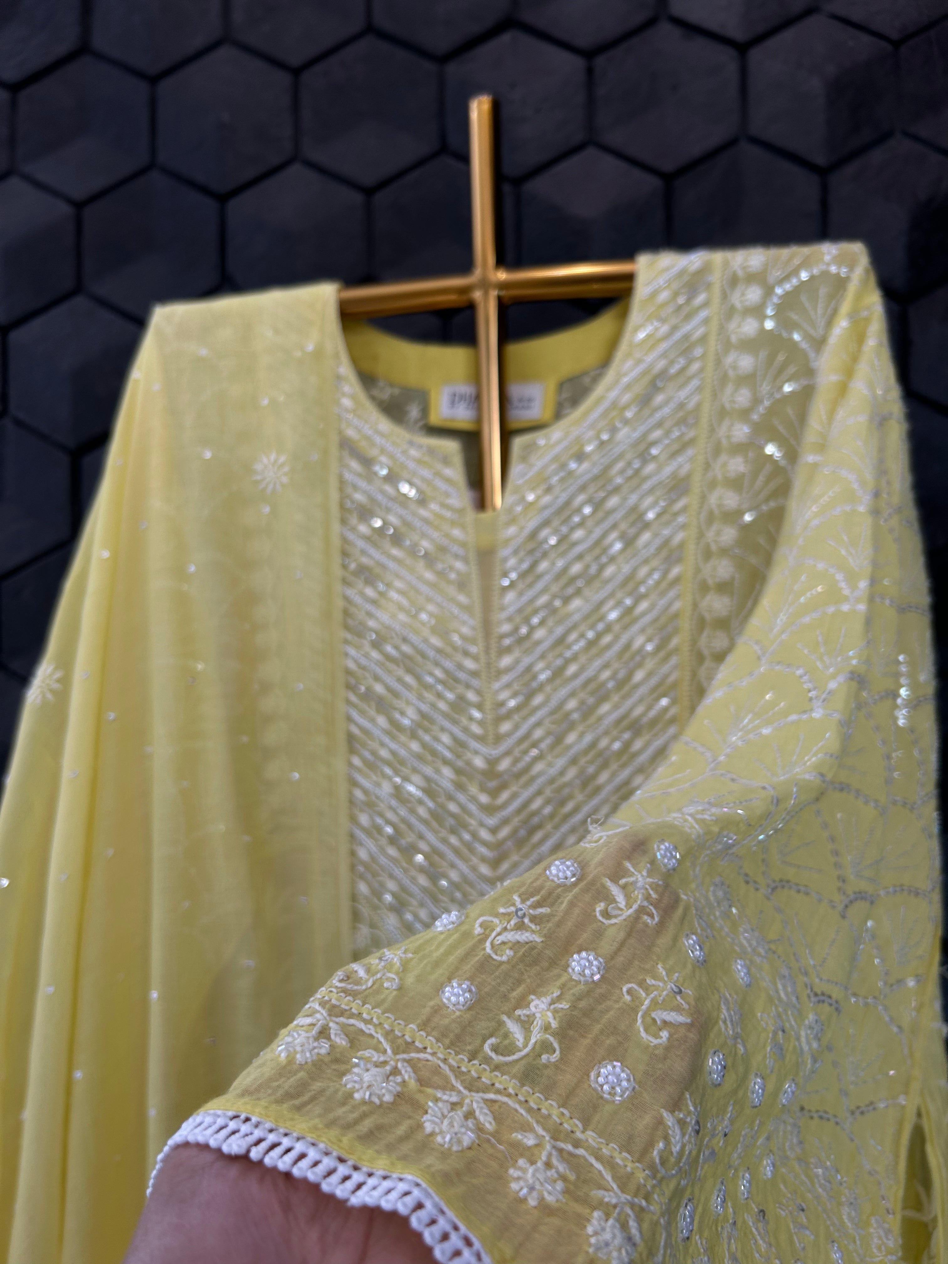 Lime Yellow Mul Chanderi Chikankari Anarkali Set