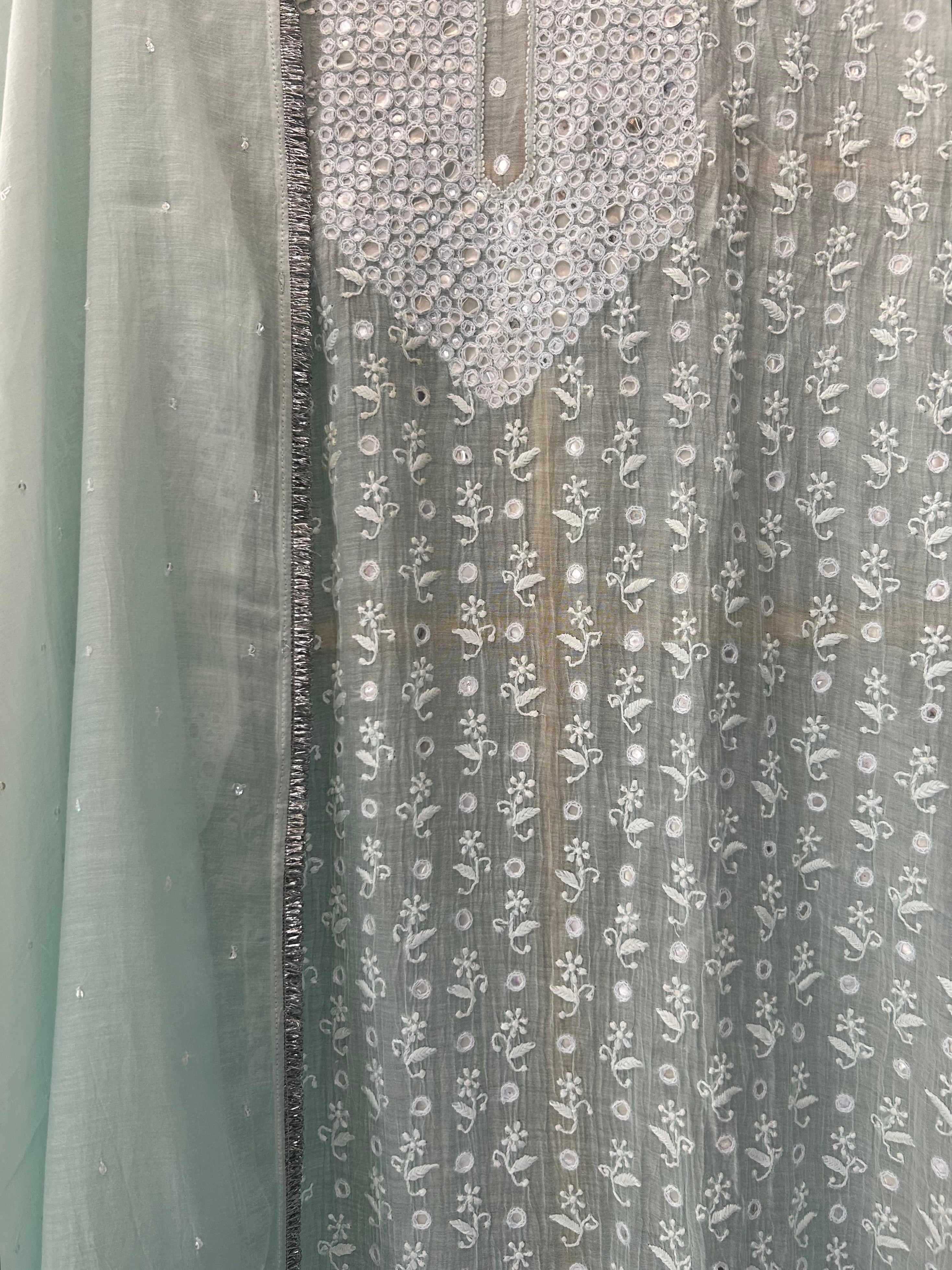 Sea Green Mul Chanderi Chikankari Kurta Set