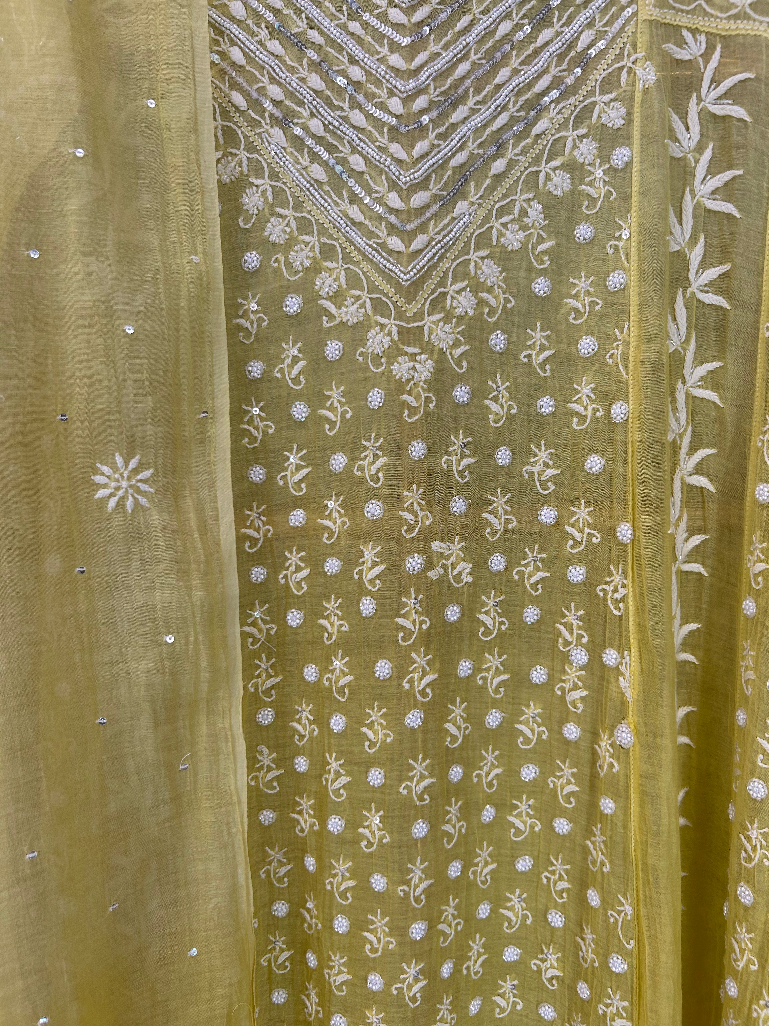 Lime Yellow Mul Chanderi Chikankari Anarkali Set