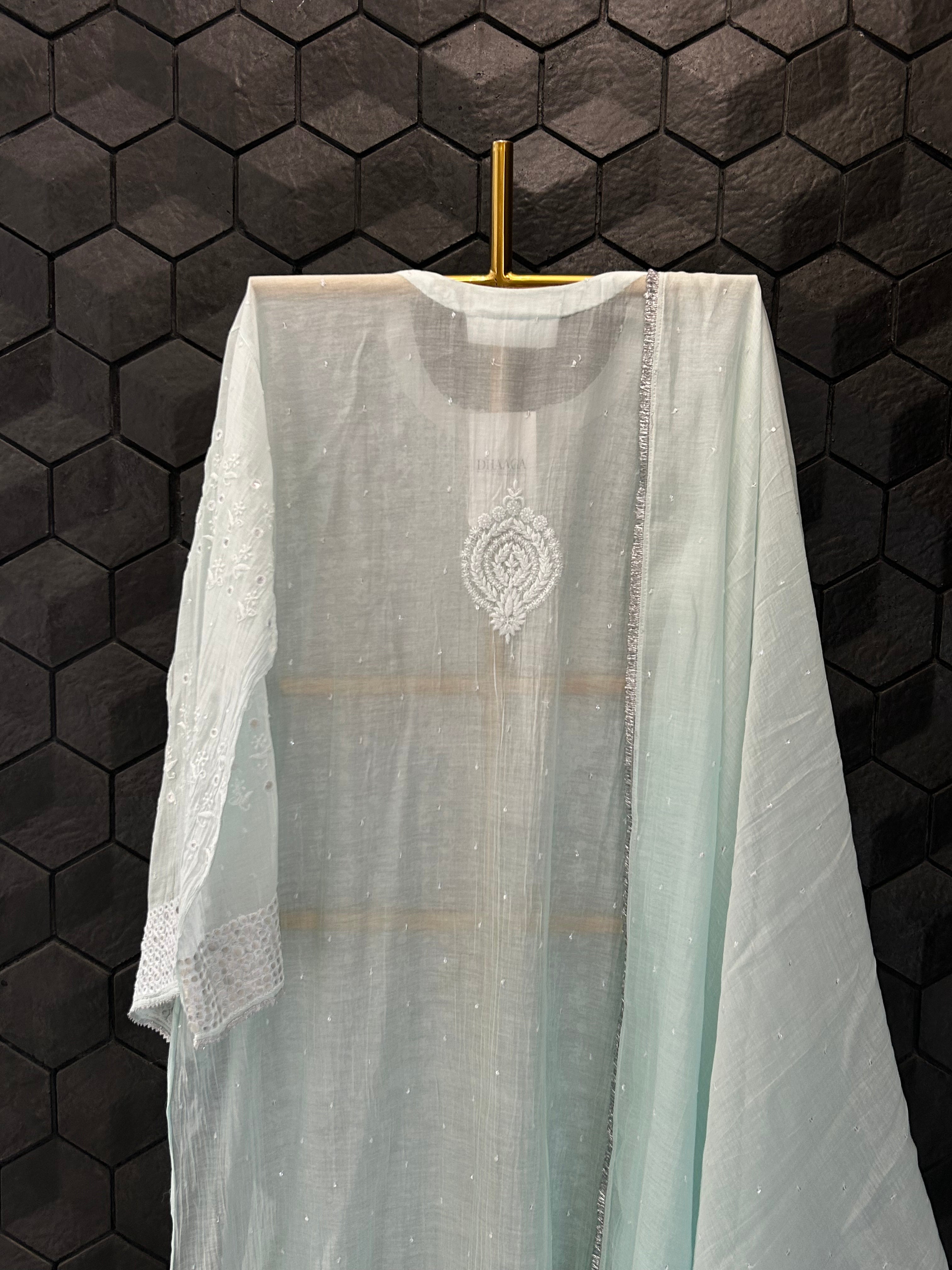 Sea Green Mul Chanderi Chikankari Kurta Set