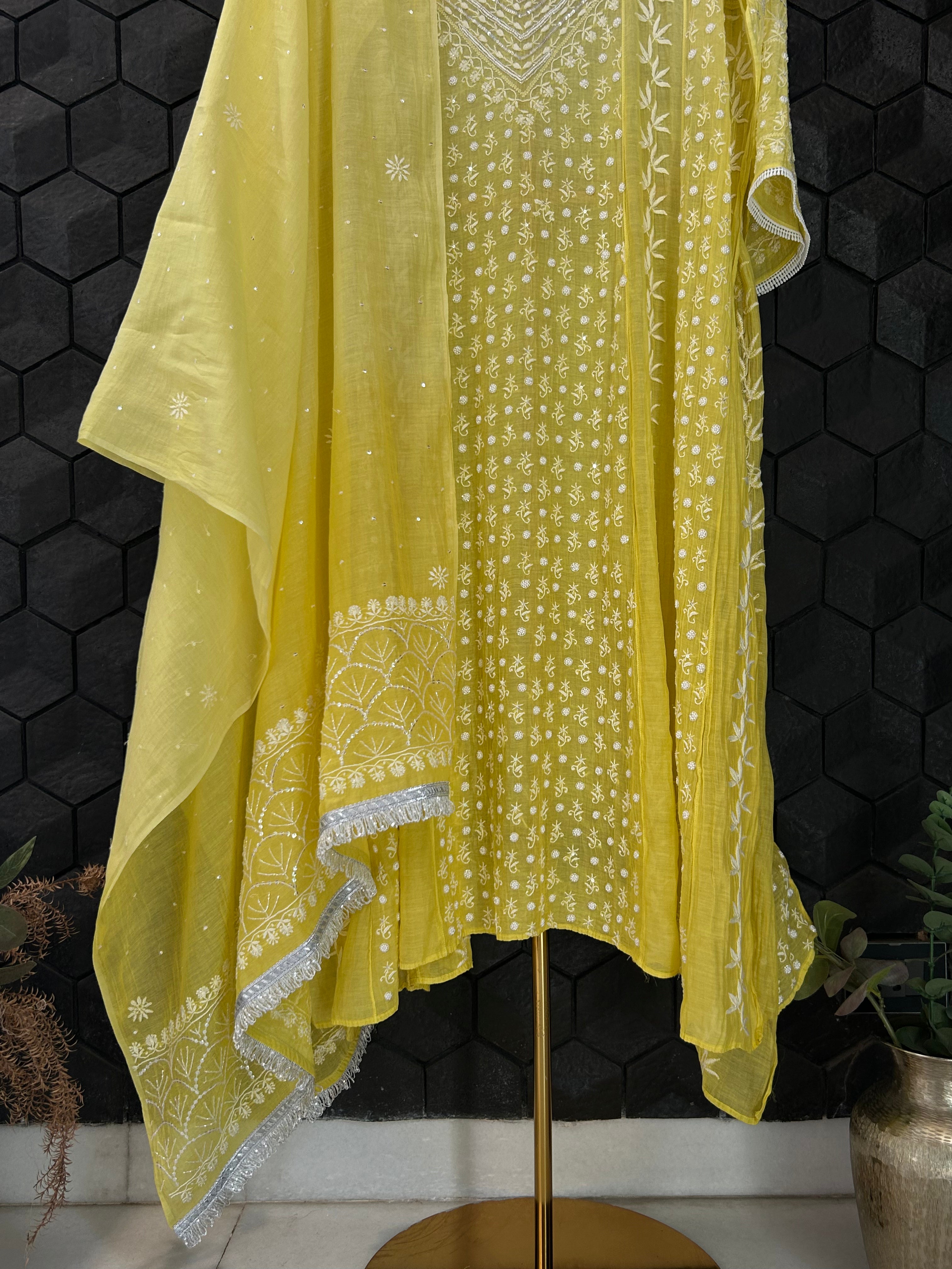 Lime Yellow Mul Chanderi Chikankari Anarkali Set