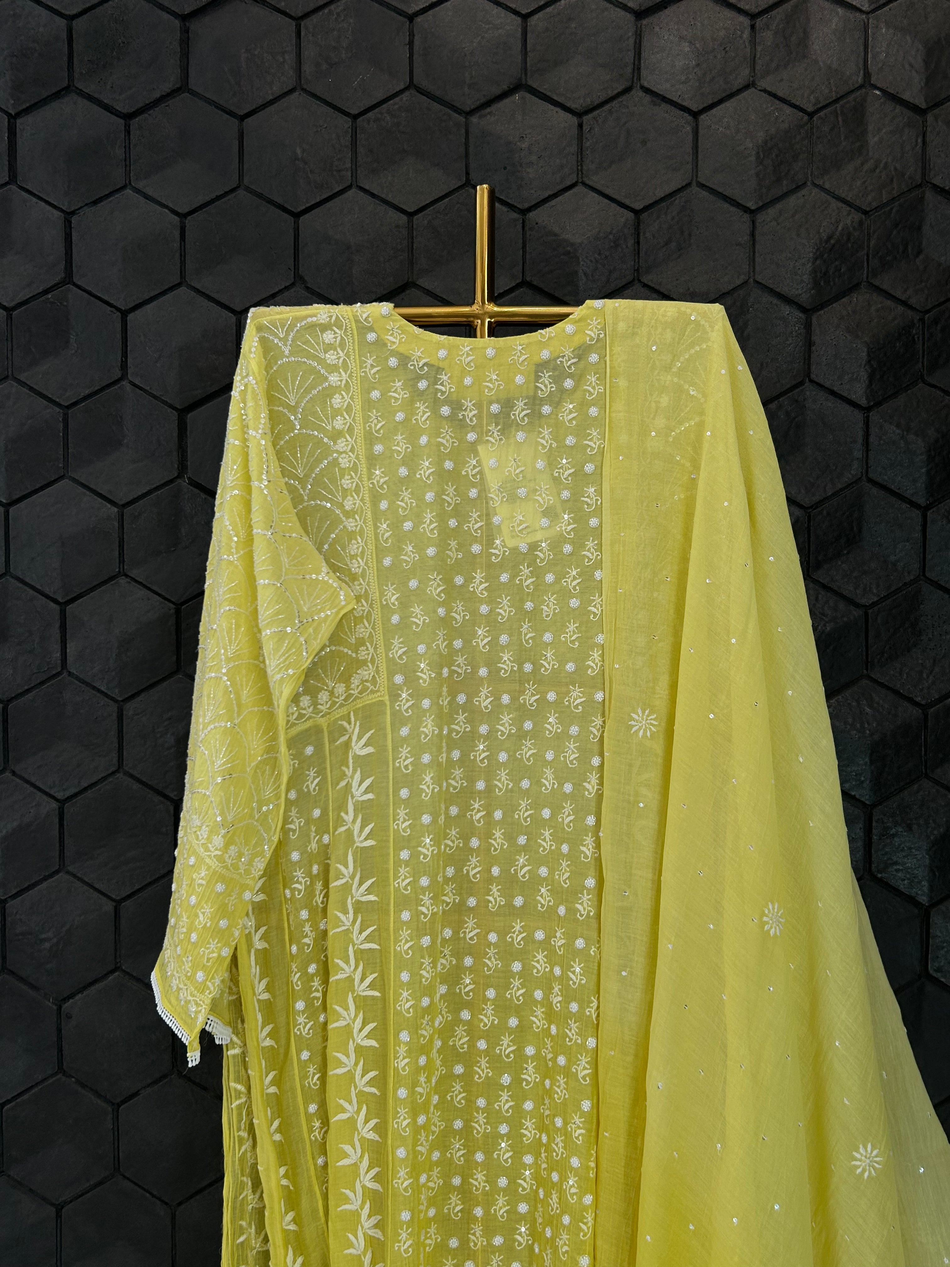 Lime Yellow Mul Chanderi Chikankari Anarkali Set