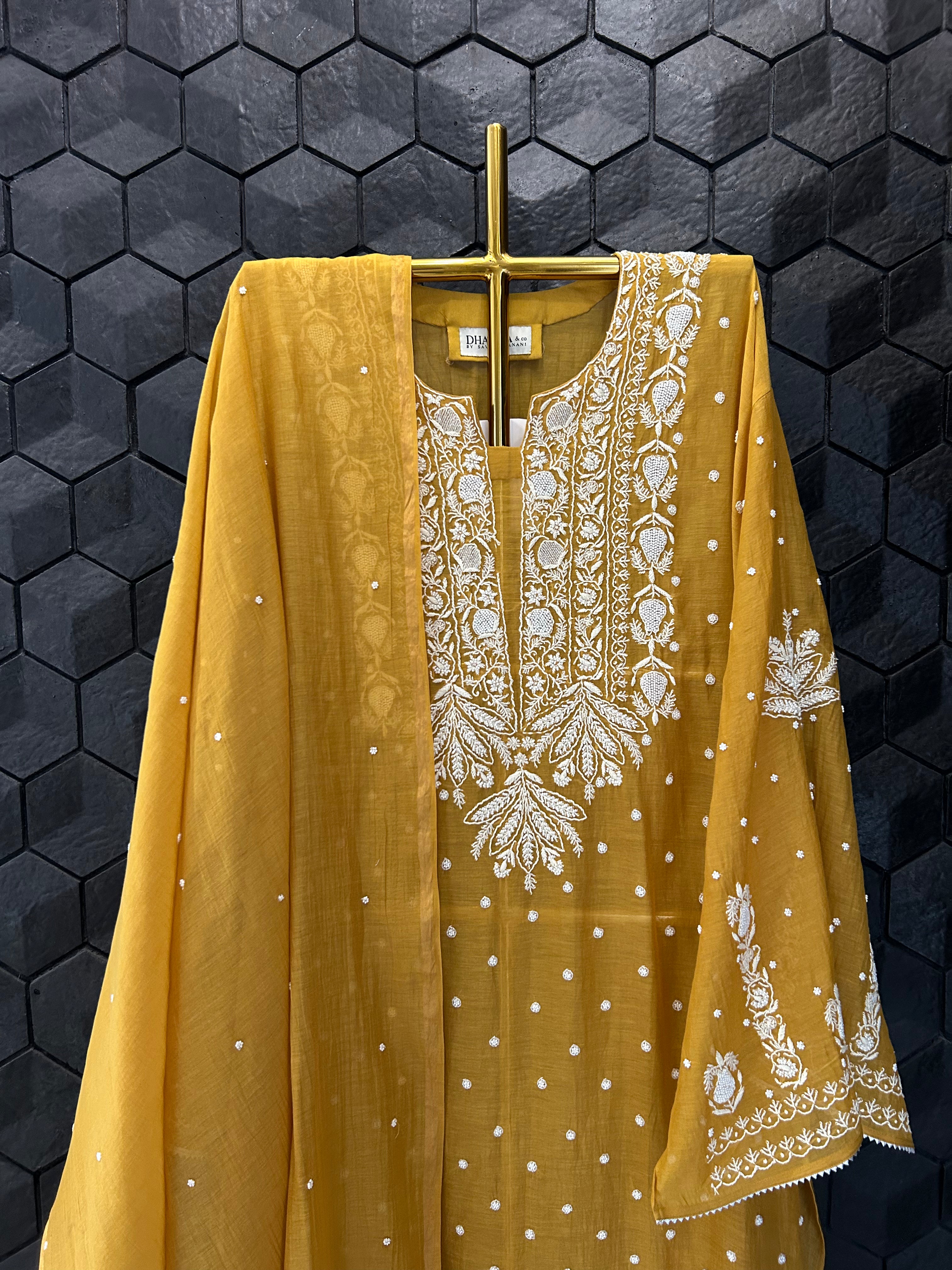 Mustard Mul Chanderi Chikankari Kurta Set