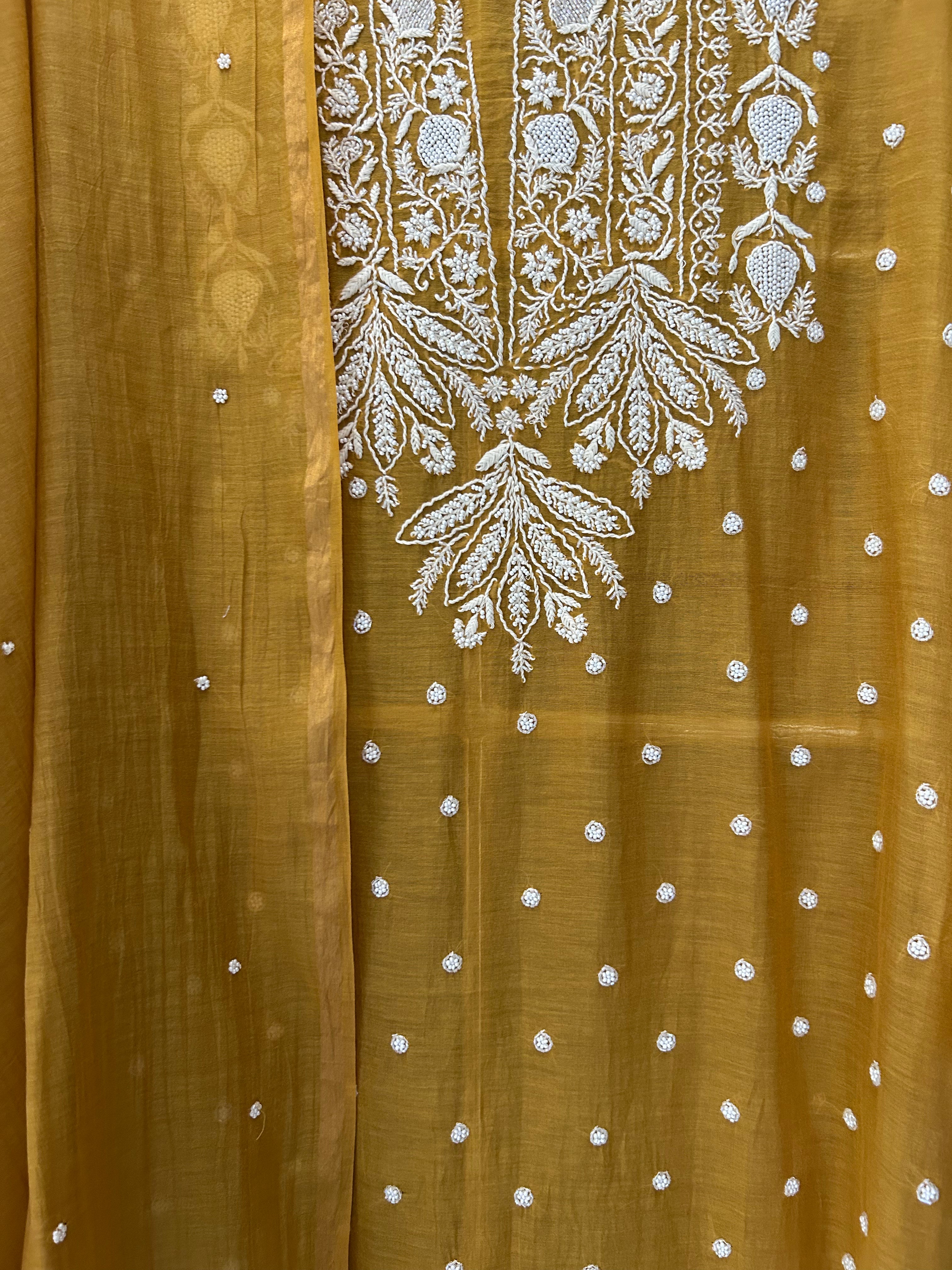 Mustard Mul Chanderi Chikankari Kurta Set