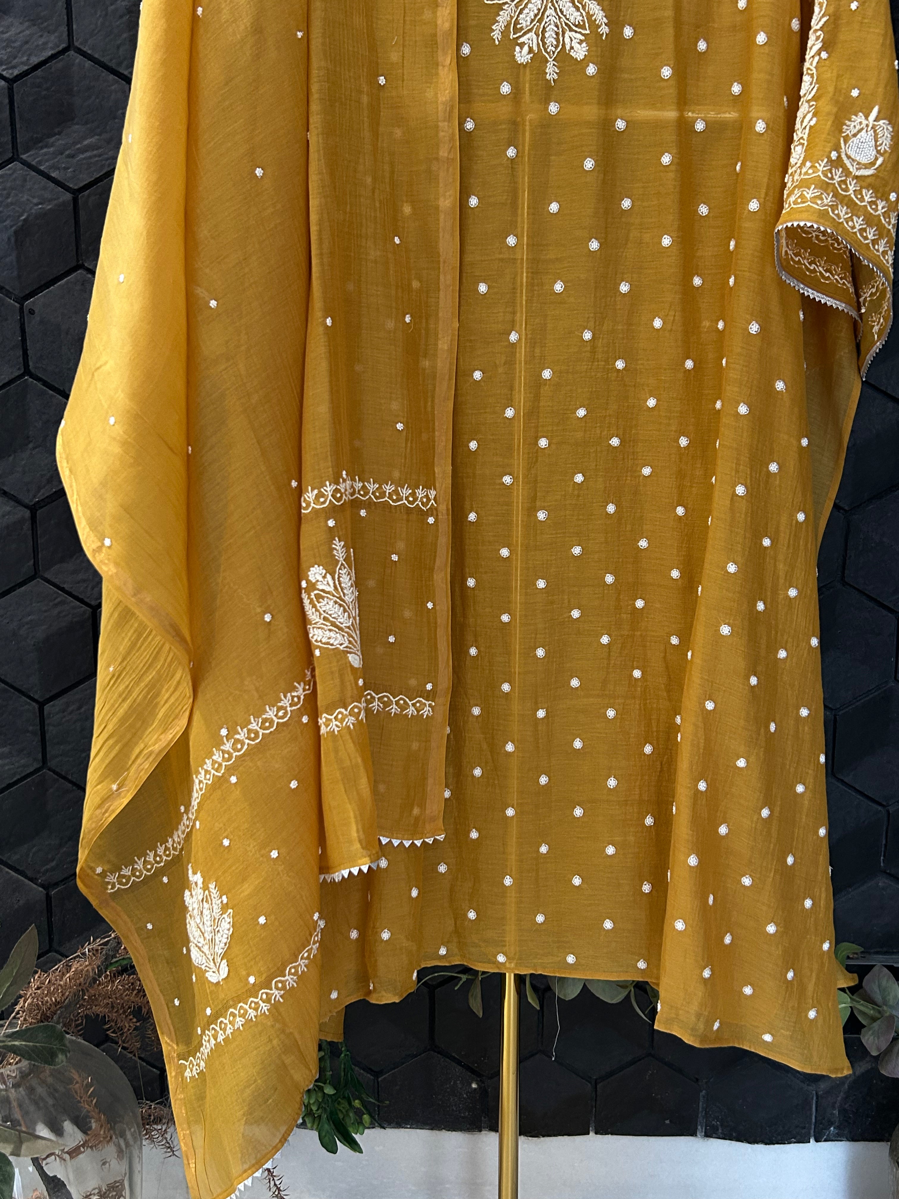 Mustard Mul Chanderi Chikankari Kurta Set