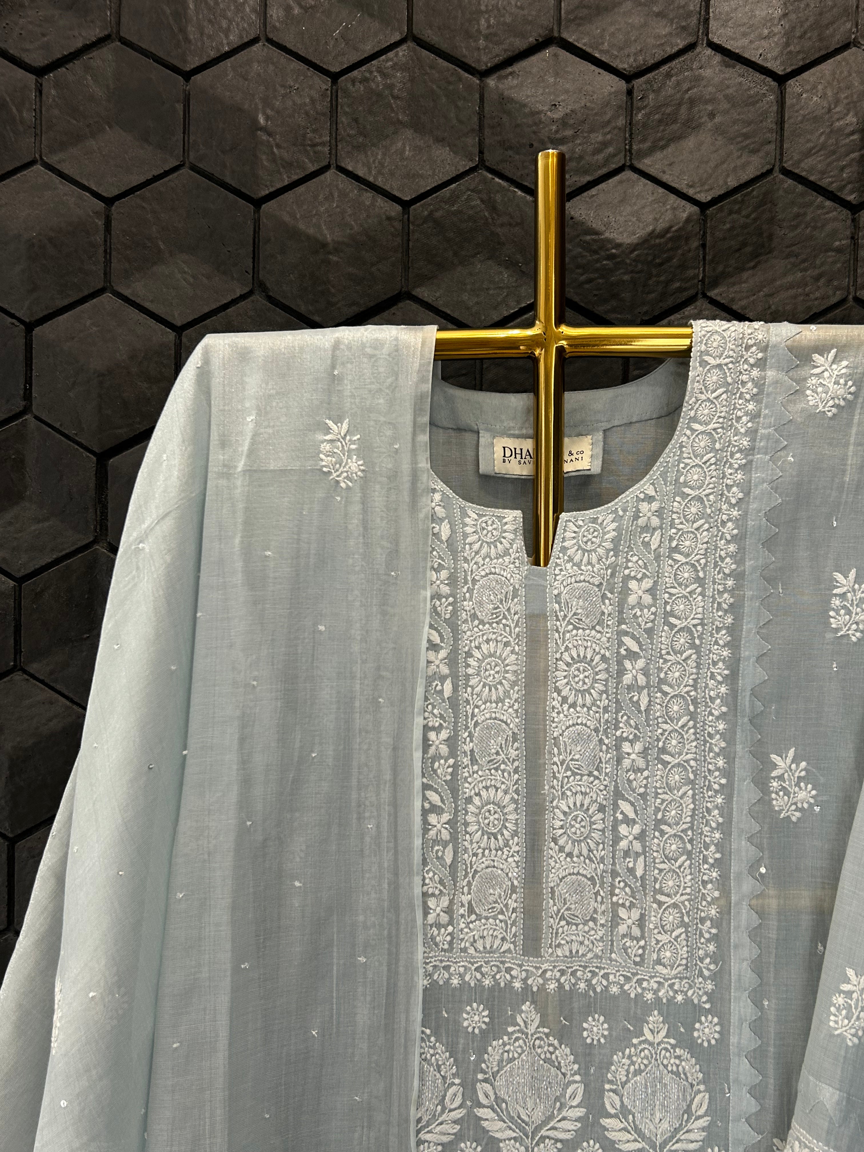 Sky blue Golden Tissue Chikankari Kurta Set