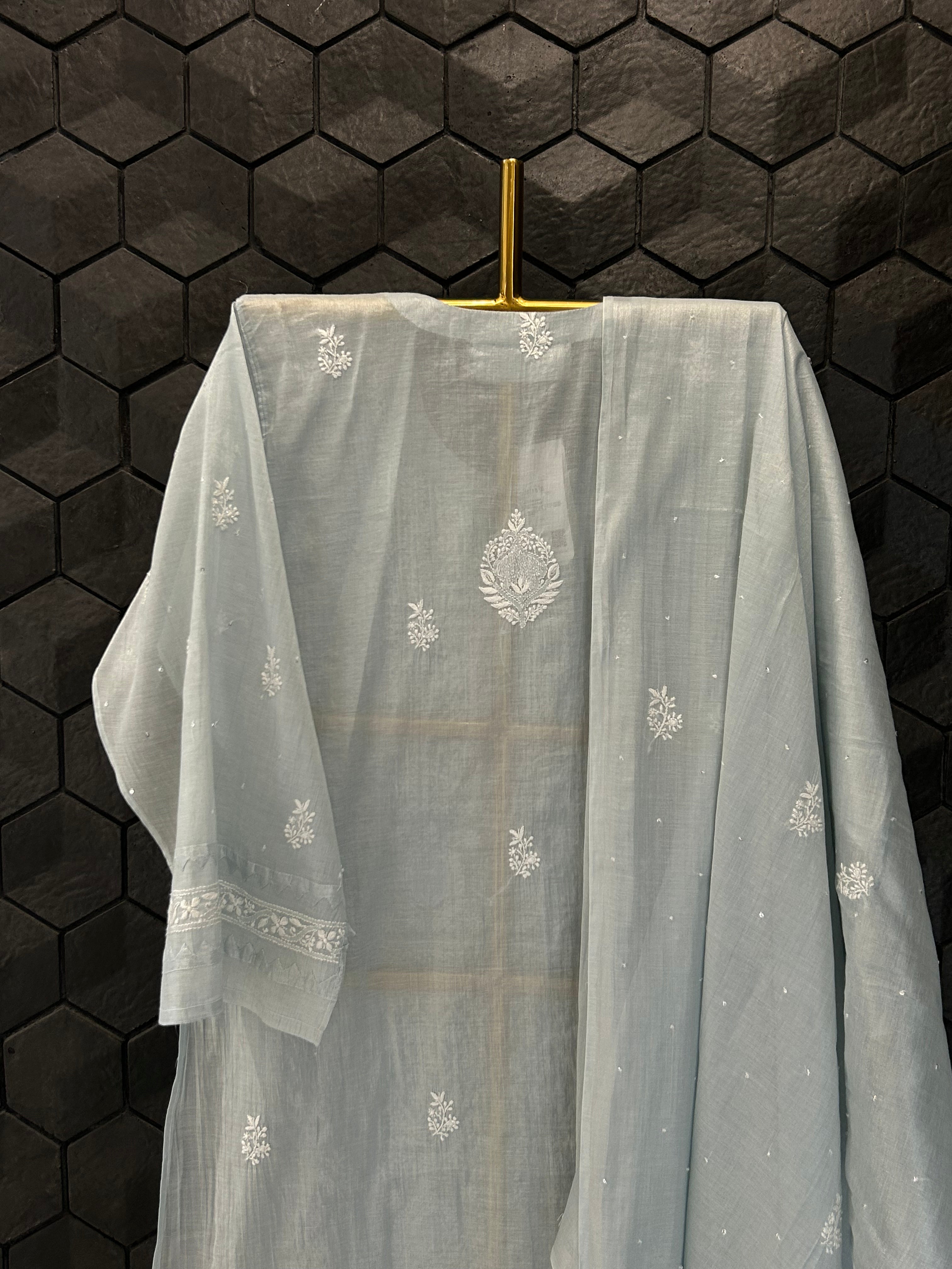 Sky blue Golden Tissue Chikankari Kurta Set