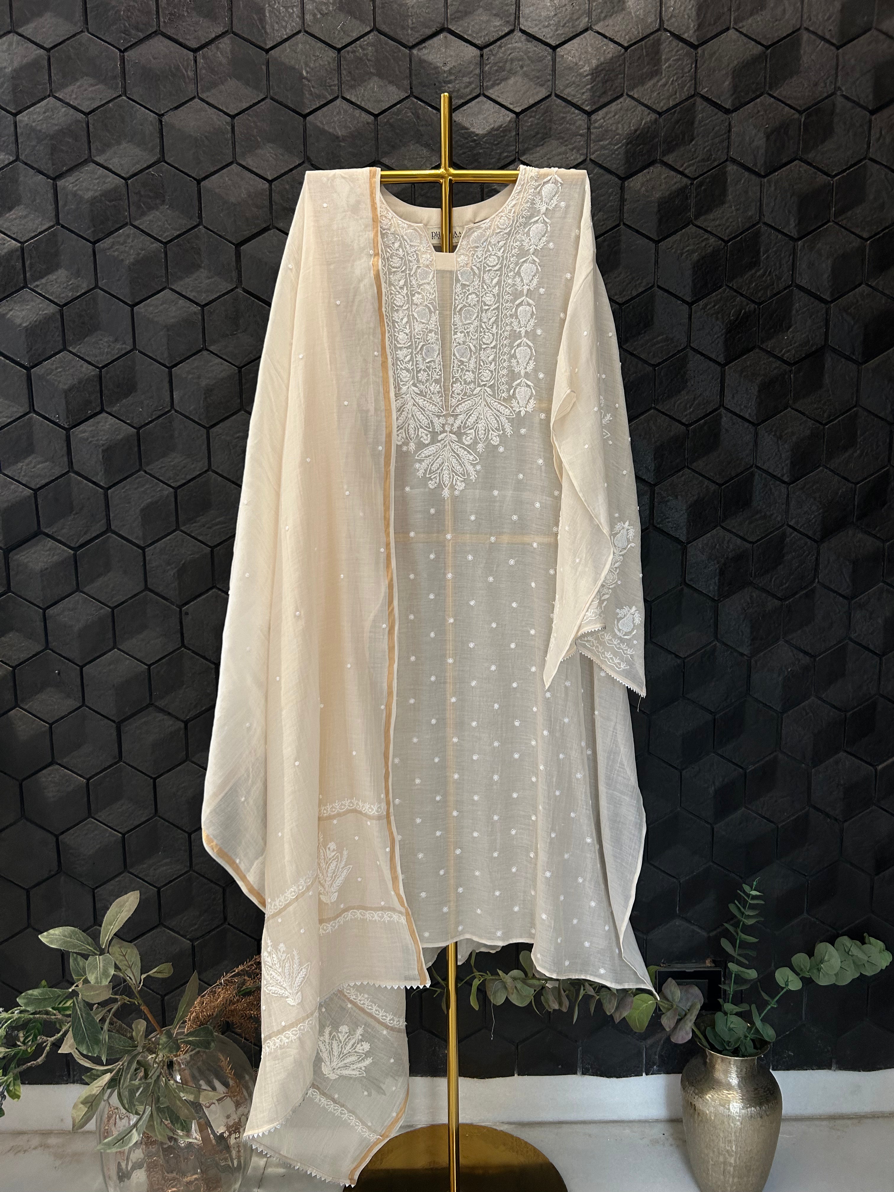 Beige Mul Chanderi Chikankari kurta Set