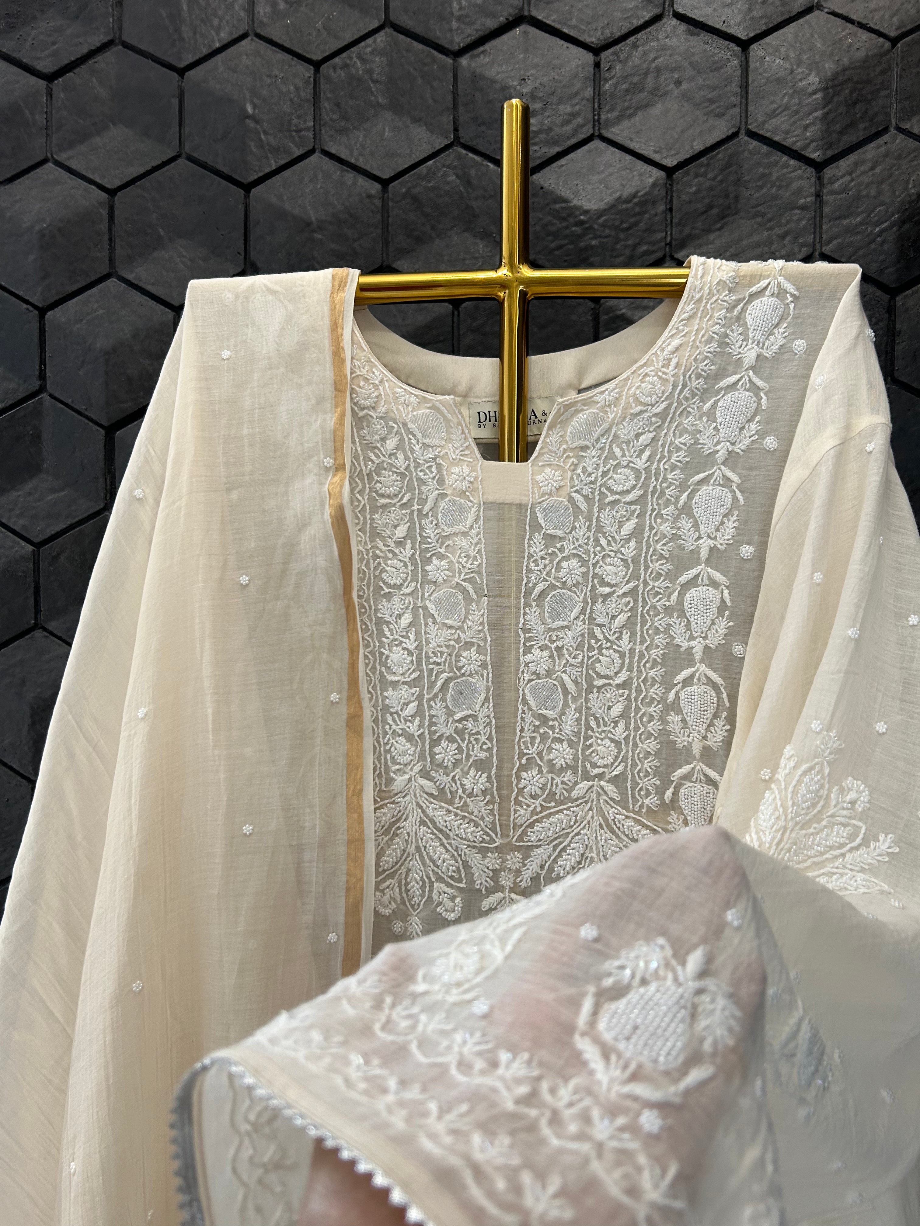 Beige Mul Chanderi Chikankari kurta Set