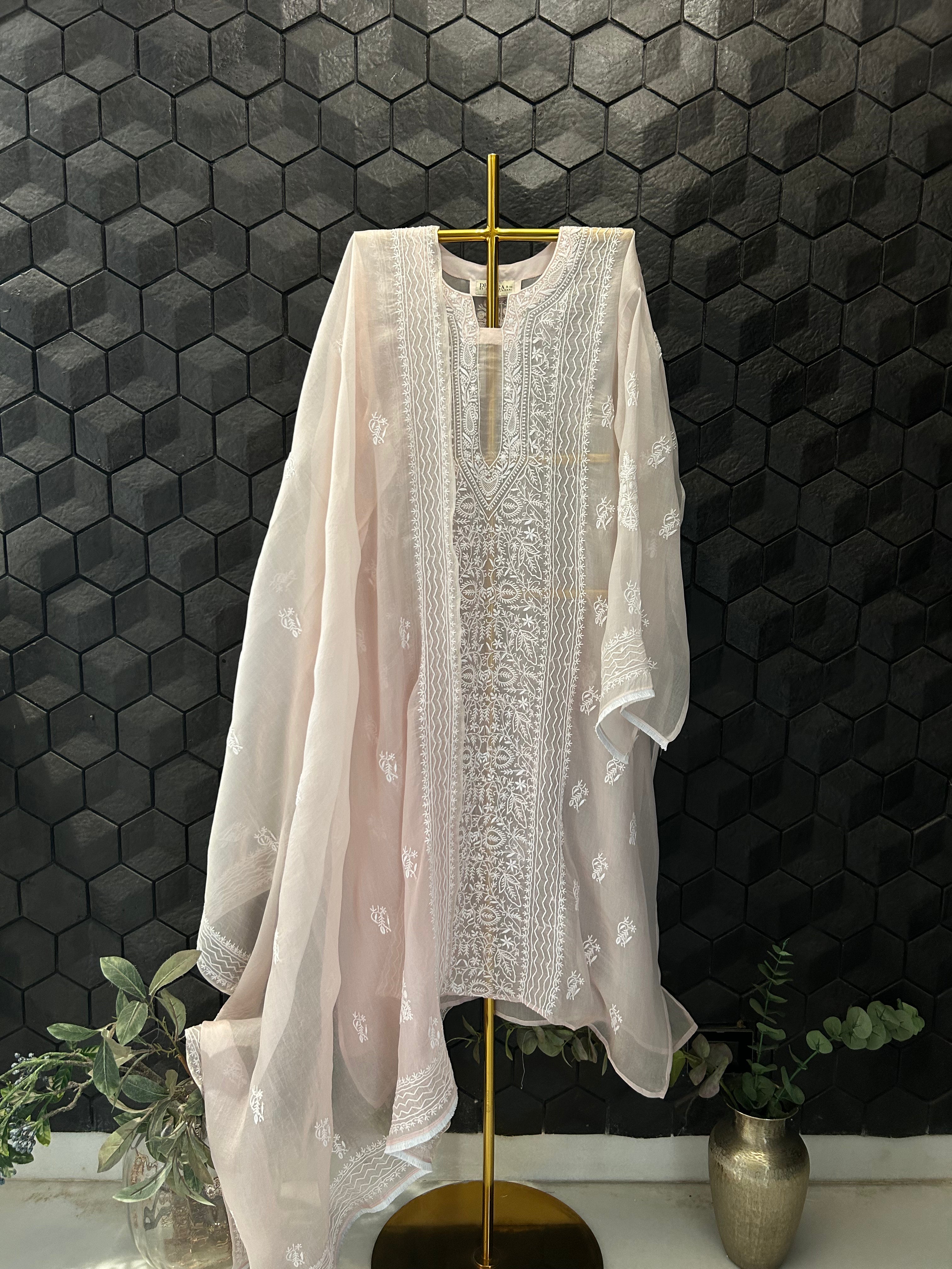 Pink Organza Chikankari Kurta Set