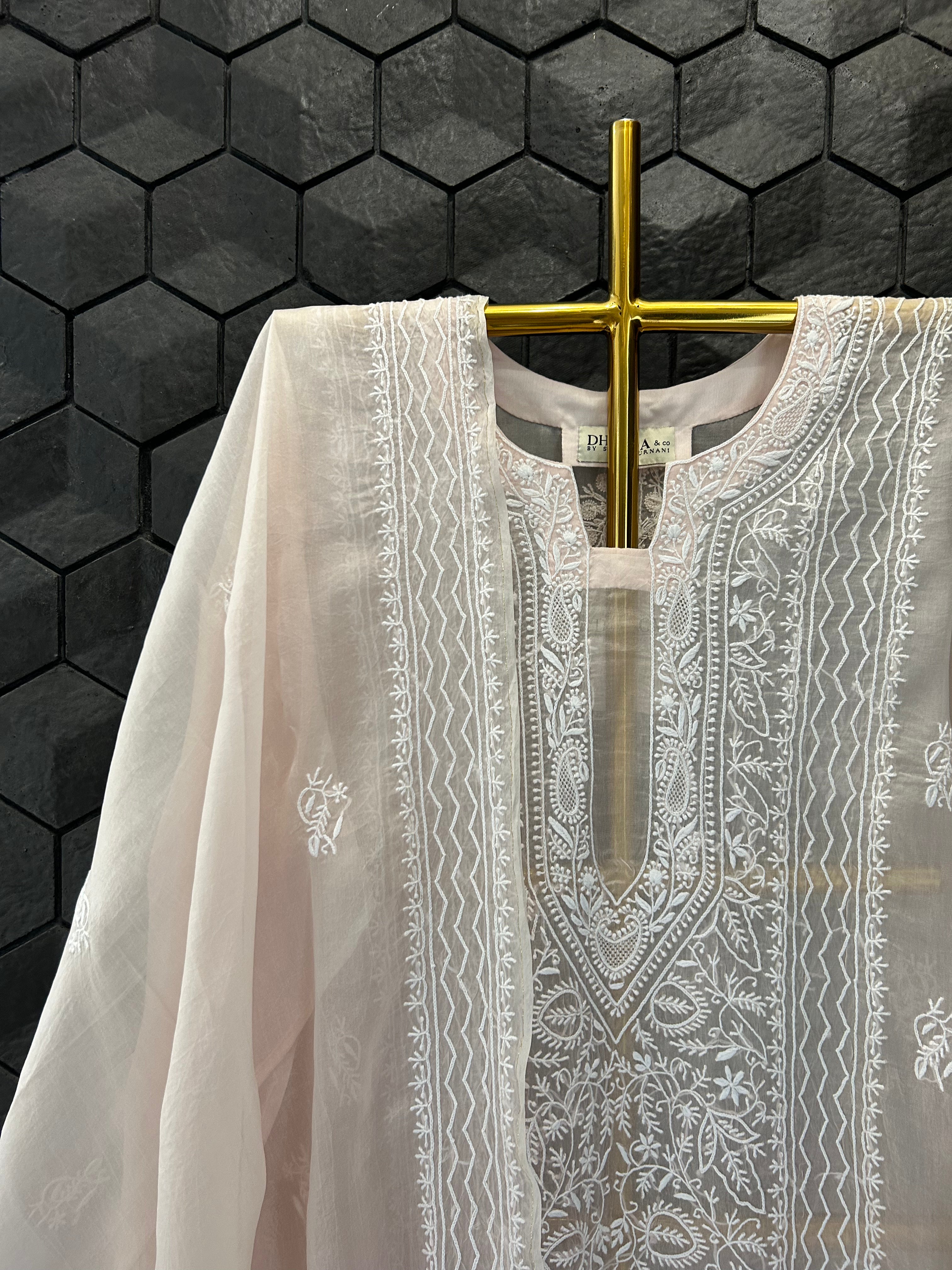 Pink Organza Chikankari Kurta Set