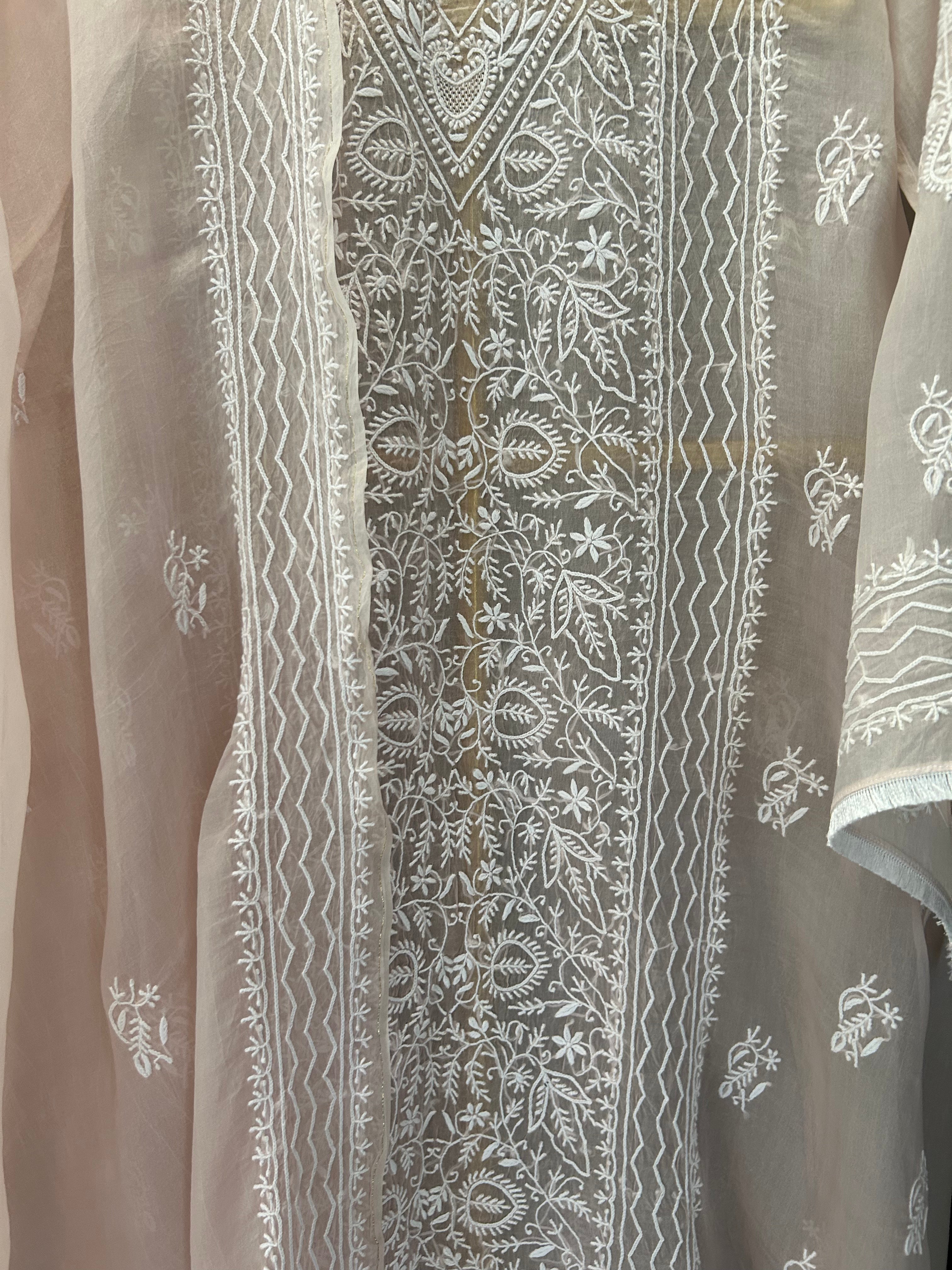 Pink Organza Chikankari Kurta Set