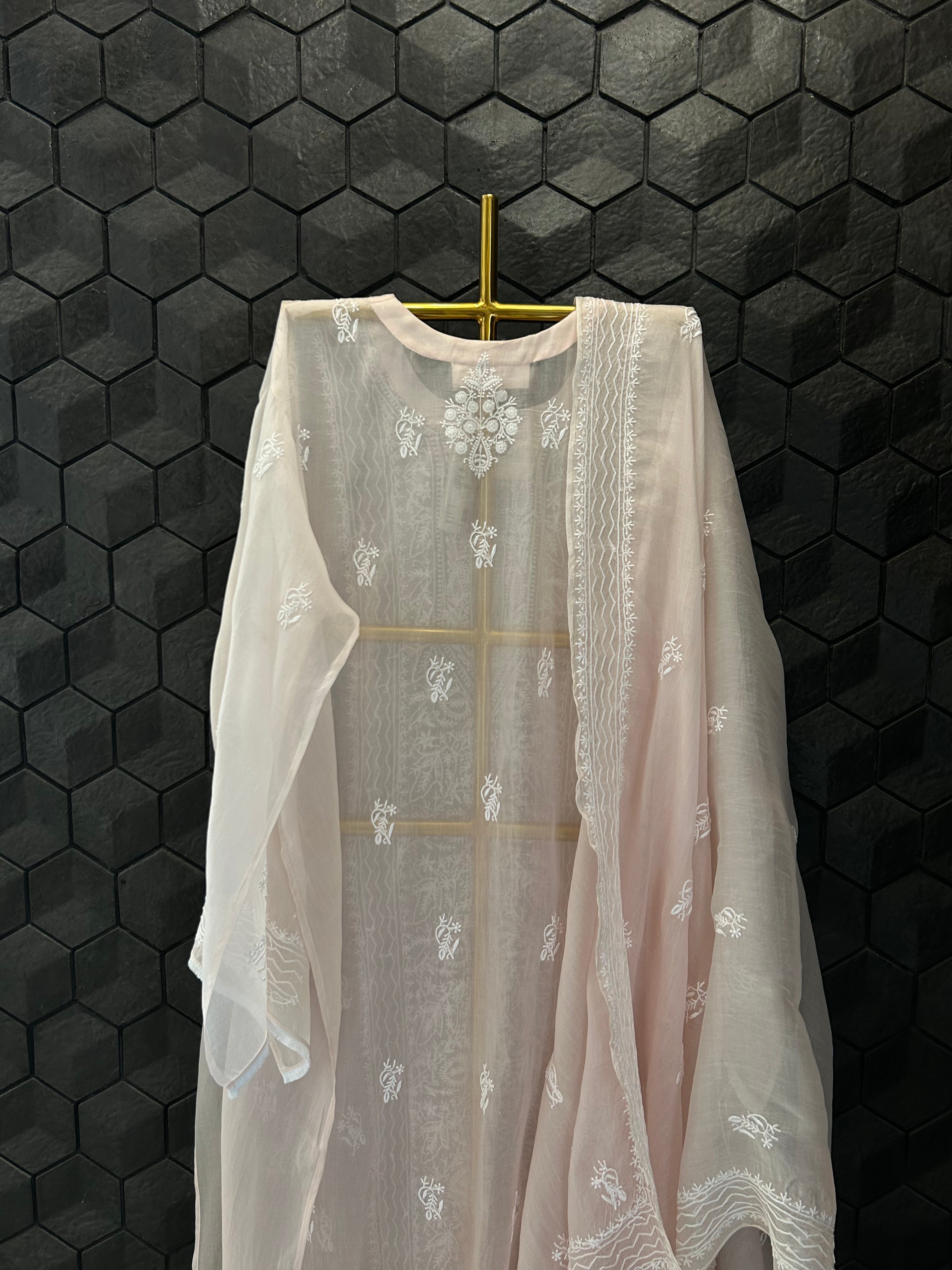 Pink Organza Chikankari Kurta Set