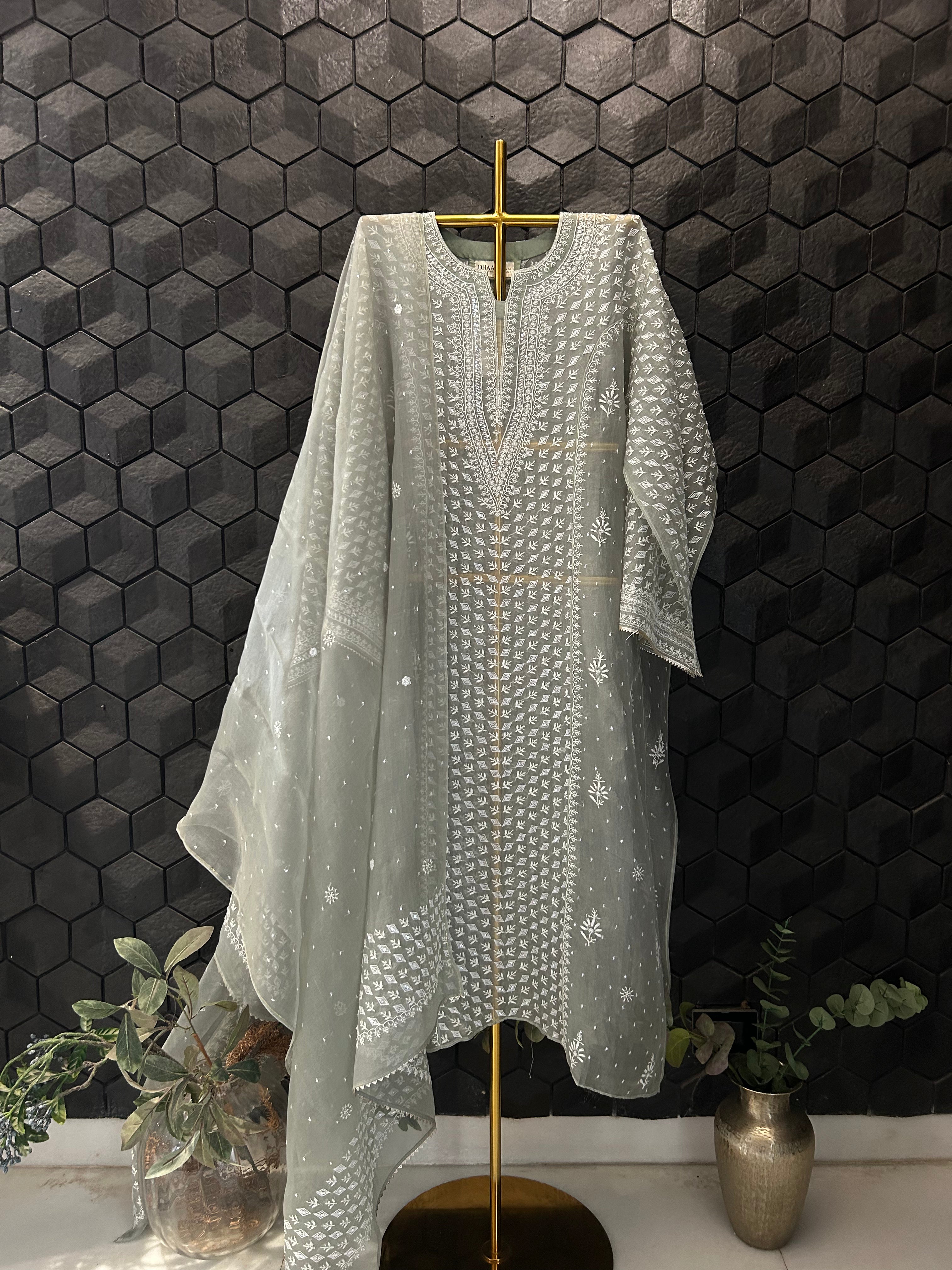 Green Organza Chikankari Kurta Set