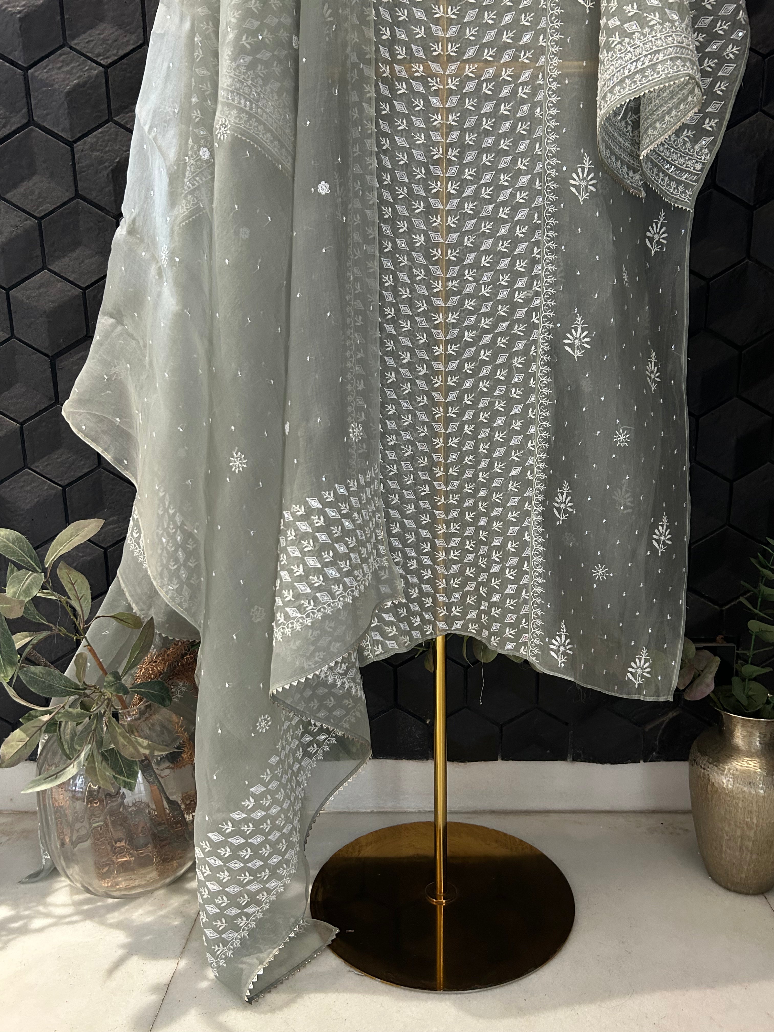 Green Organza Chikankari Kurta Set