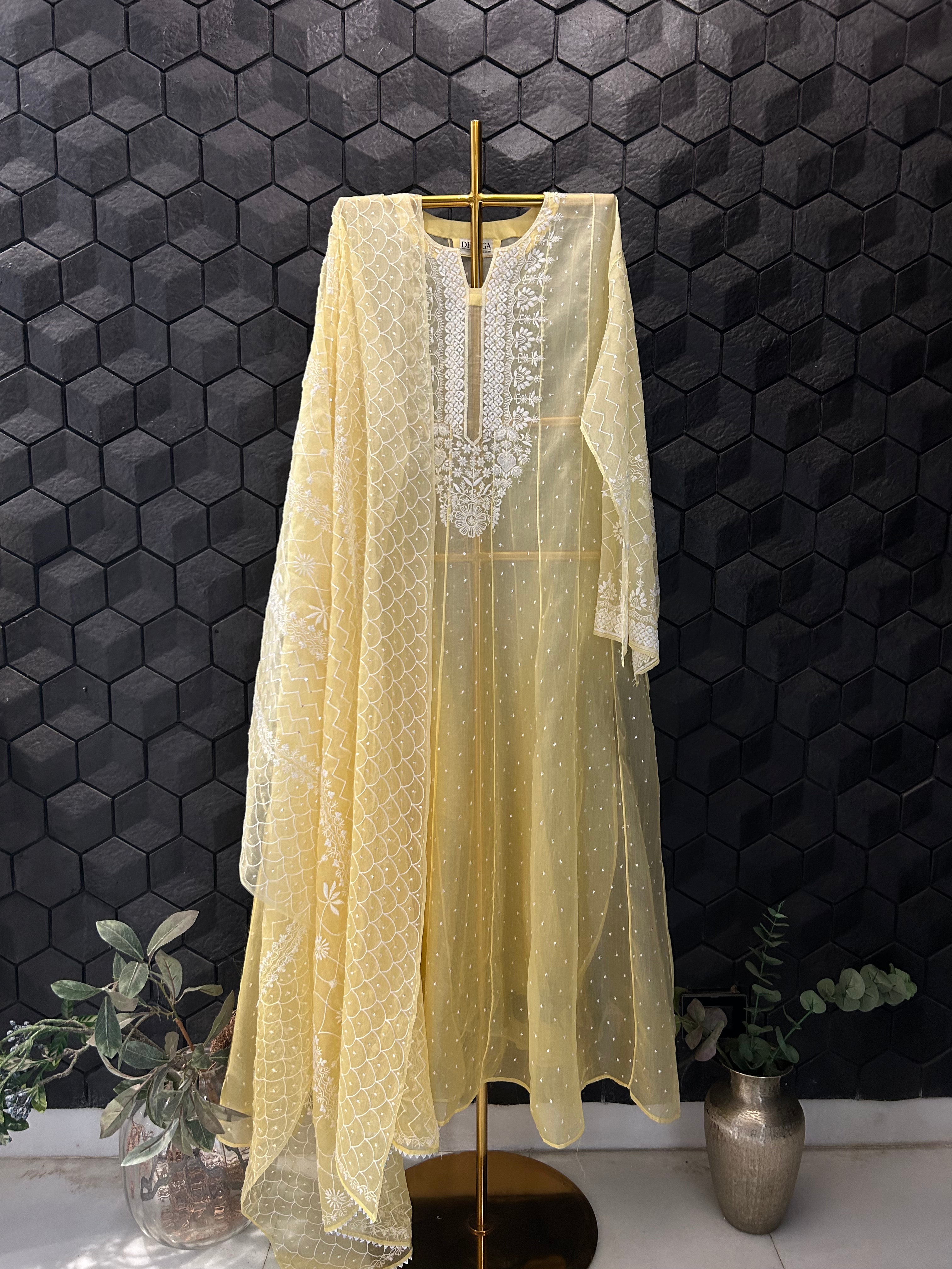 Yellow Organza Chikankari Anarkali Set