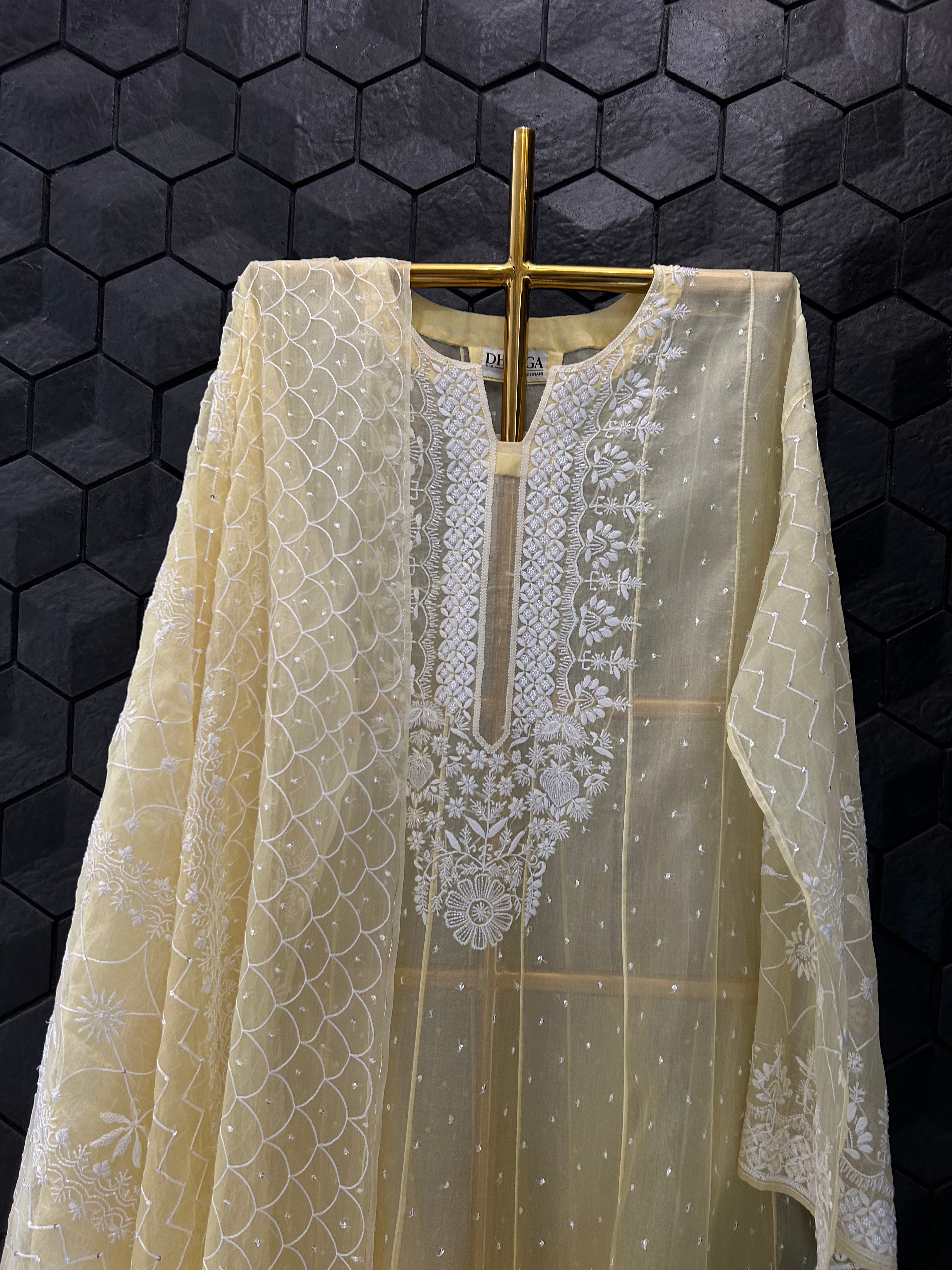 Yellow Organza Chikankari Anarkali Set