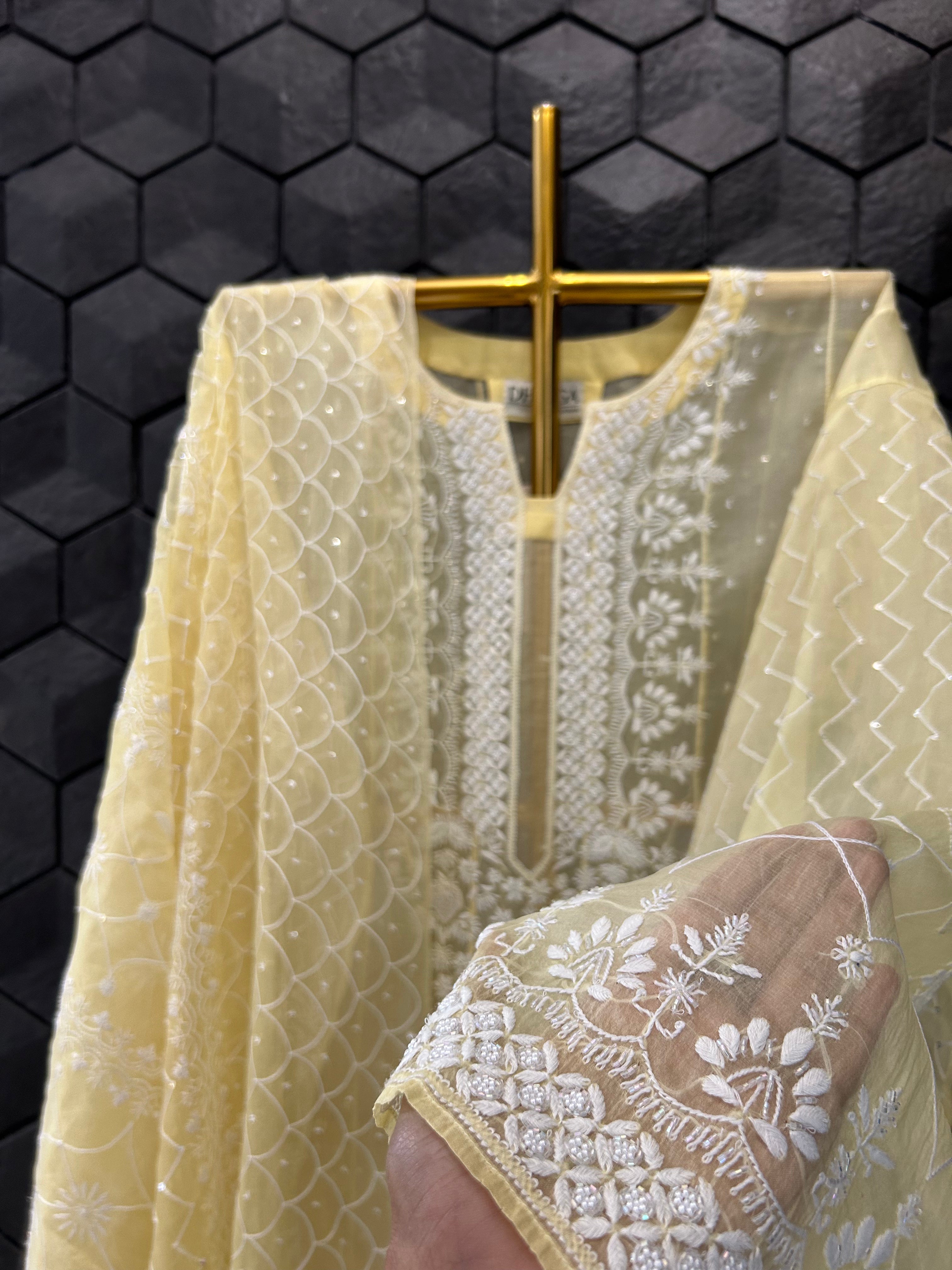 Yellow Organza Chikankari Anarkali Set