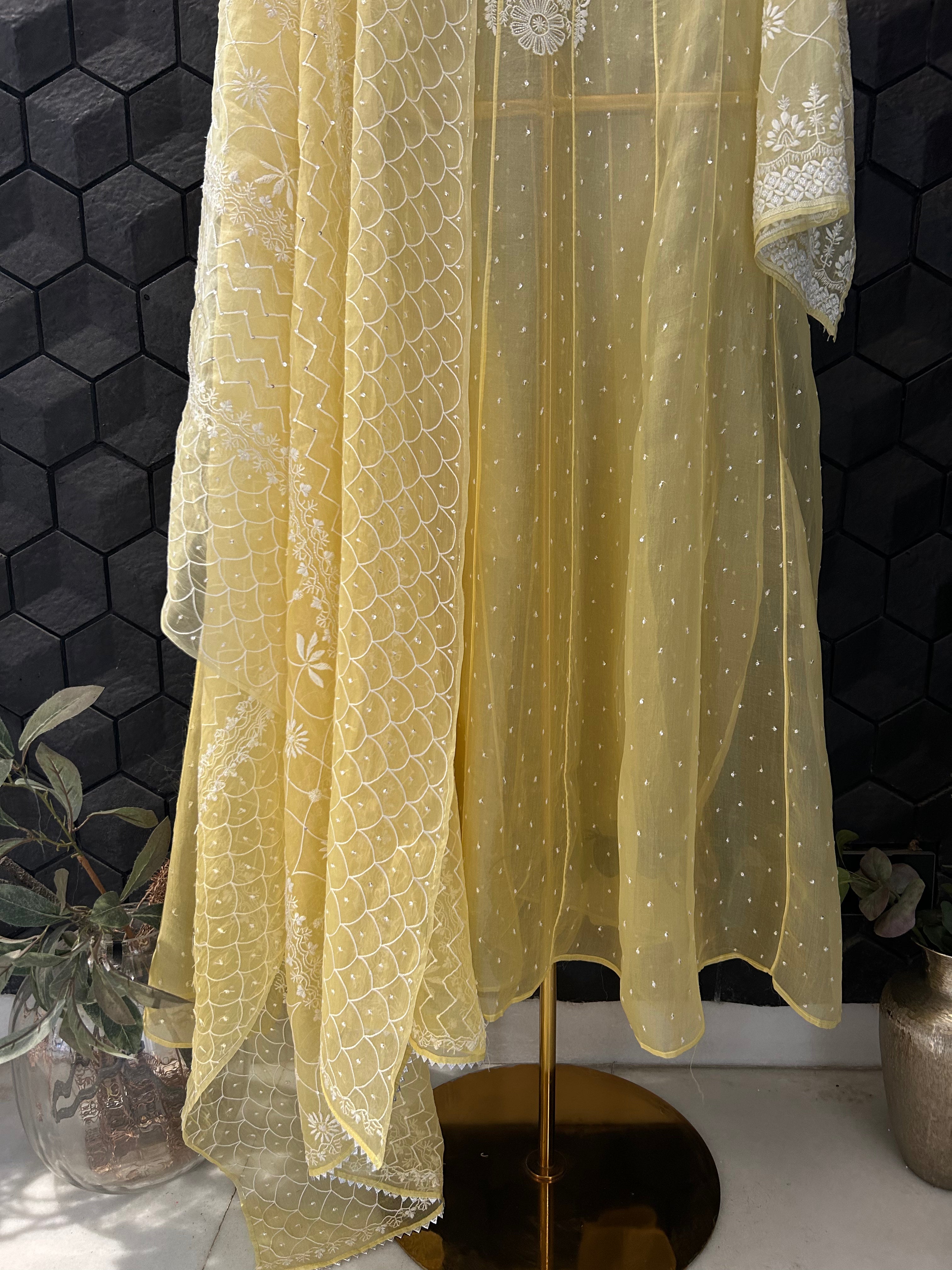 Yellow Organza Chikankari Anarkali Set