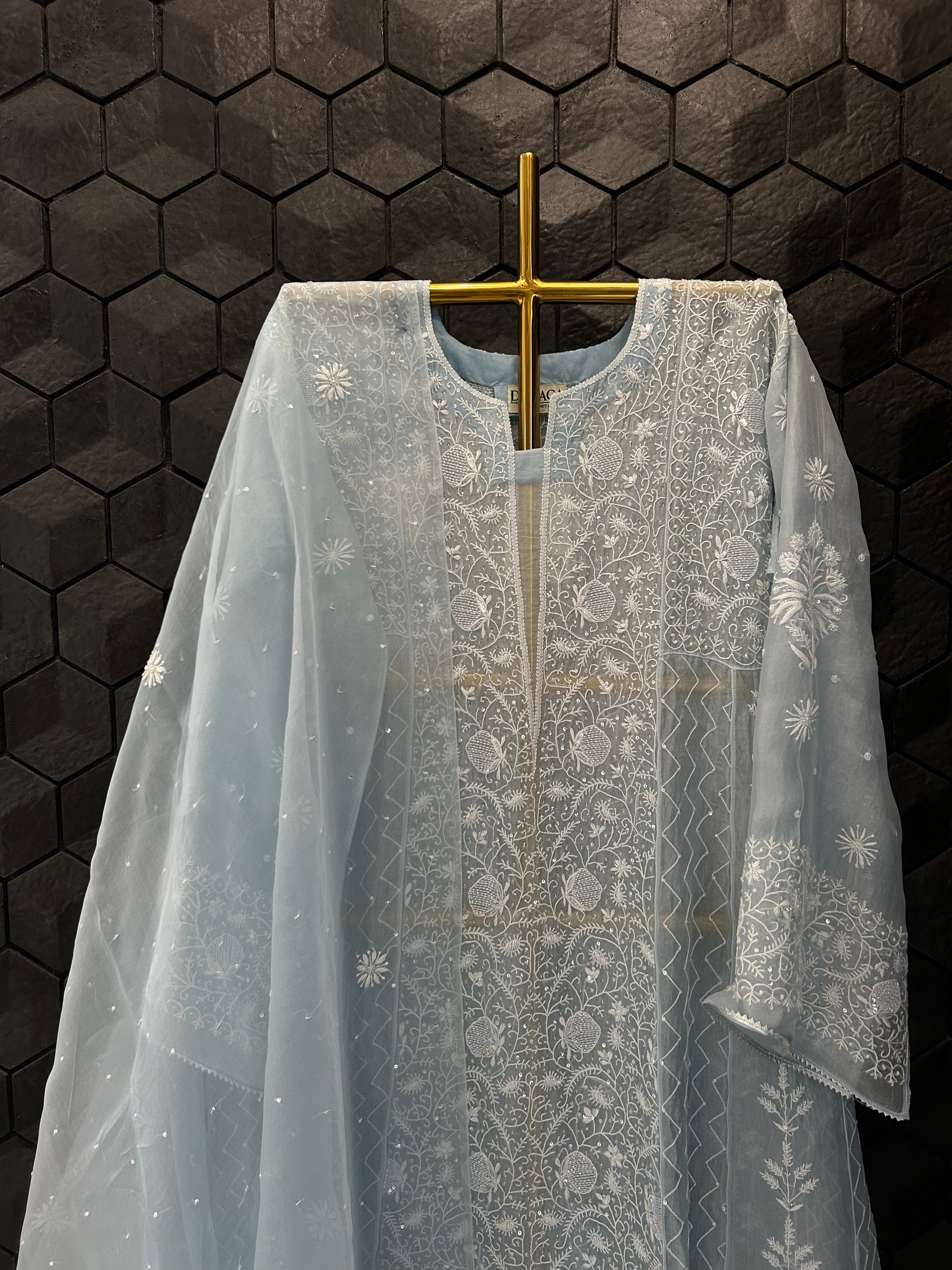 Blue Organza Chikankari Anarkali Set