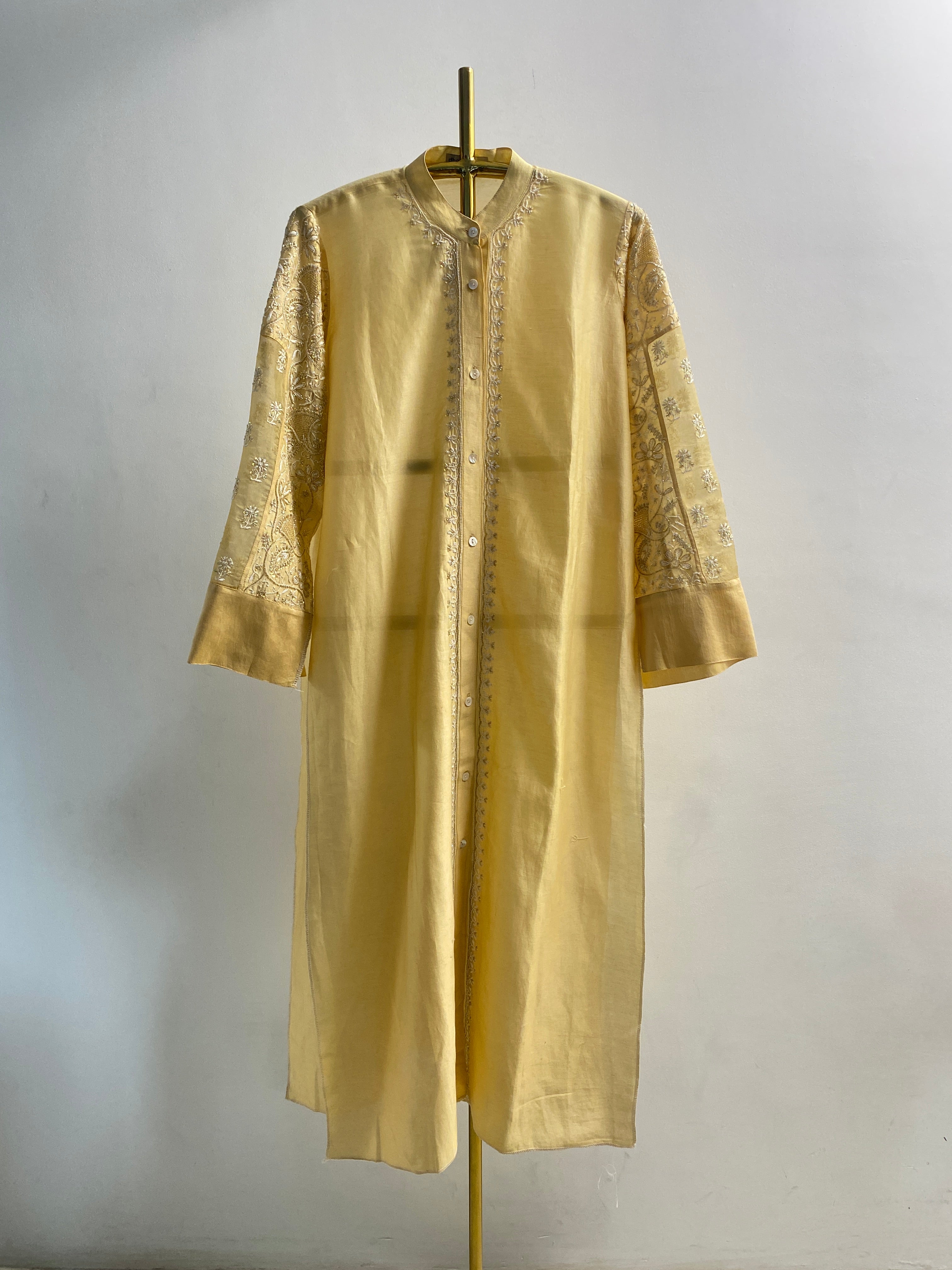 Gold Chanderi Chikankari Long Kurta
