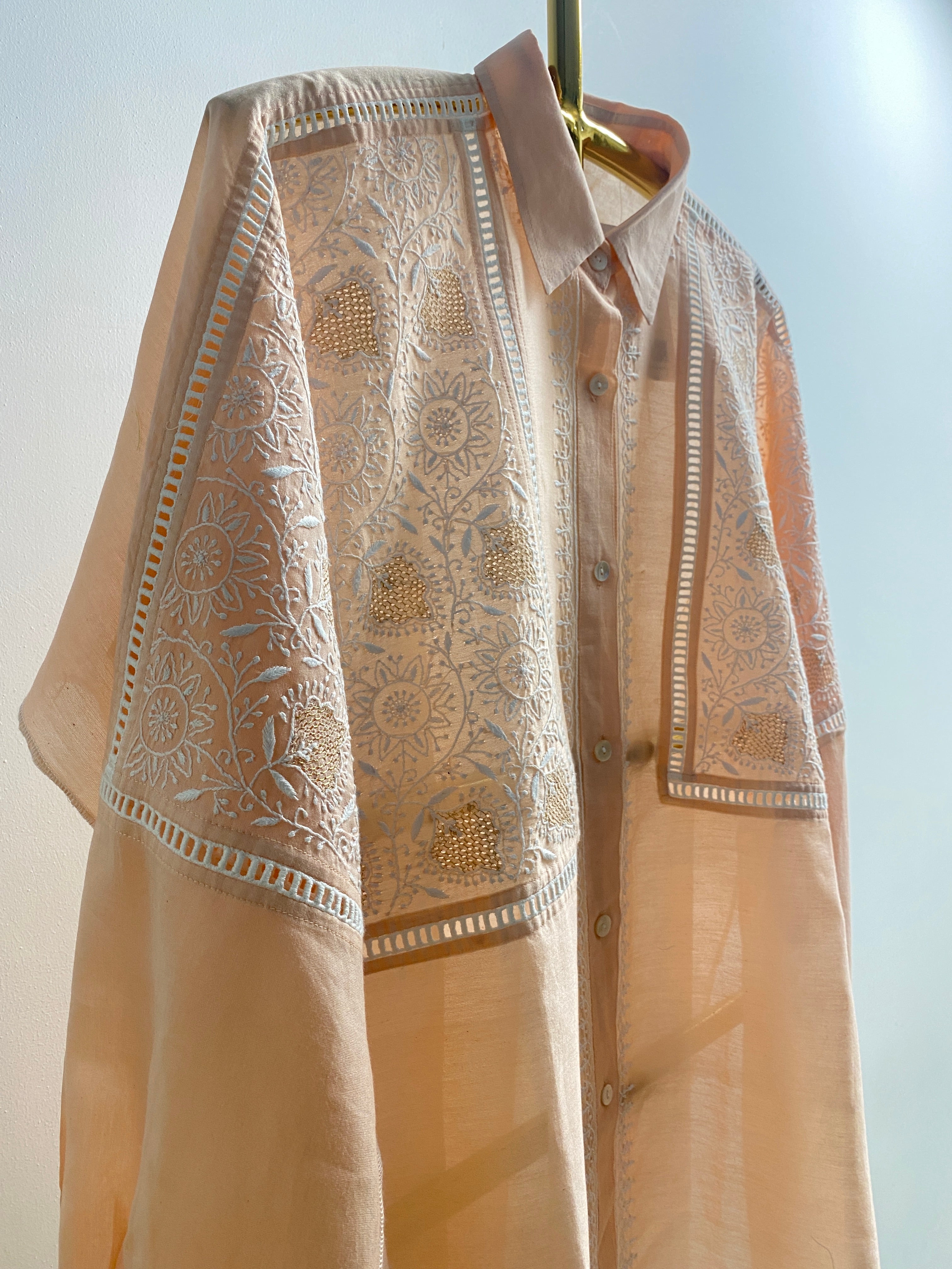 Peach Chanderi Chikankari Shirt