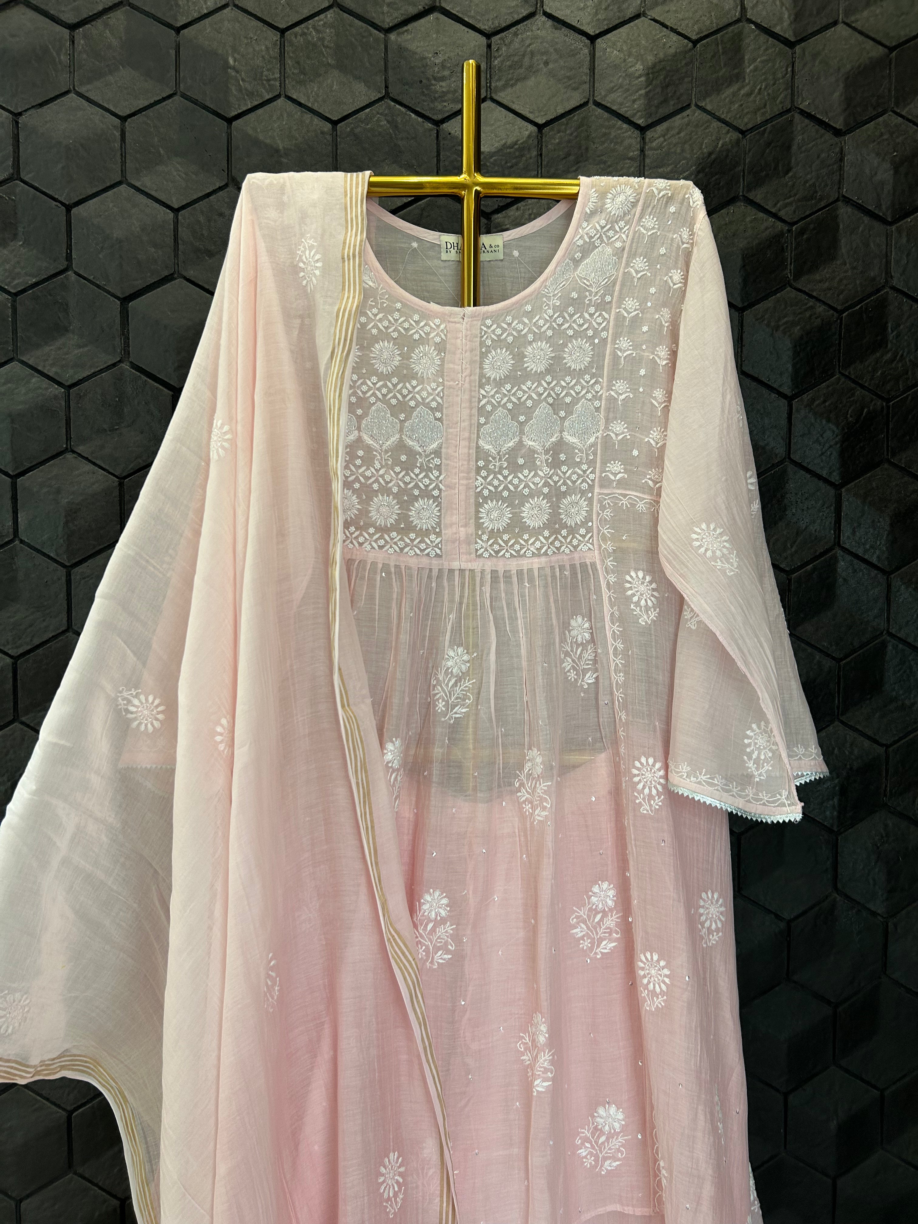 Pink Mul Chanderi Chikankari Sharara Set