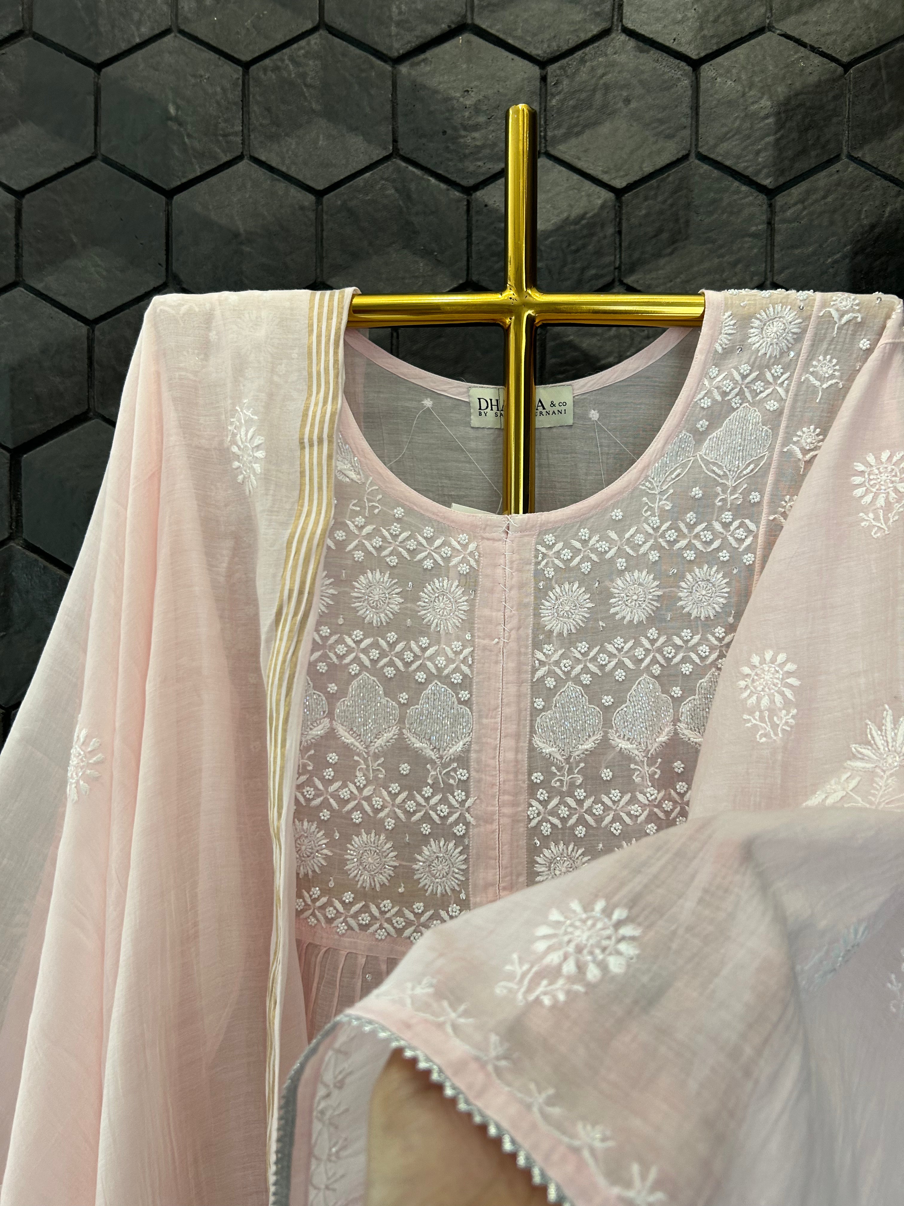 Pink Mul Chanderi Chikankari Sharara Set
