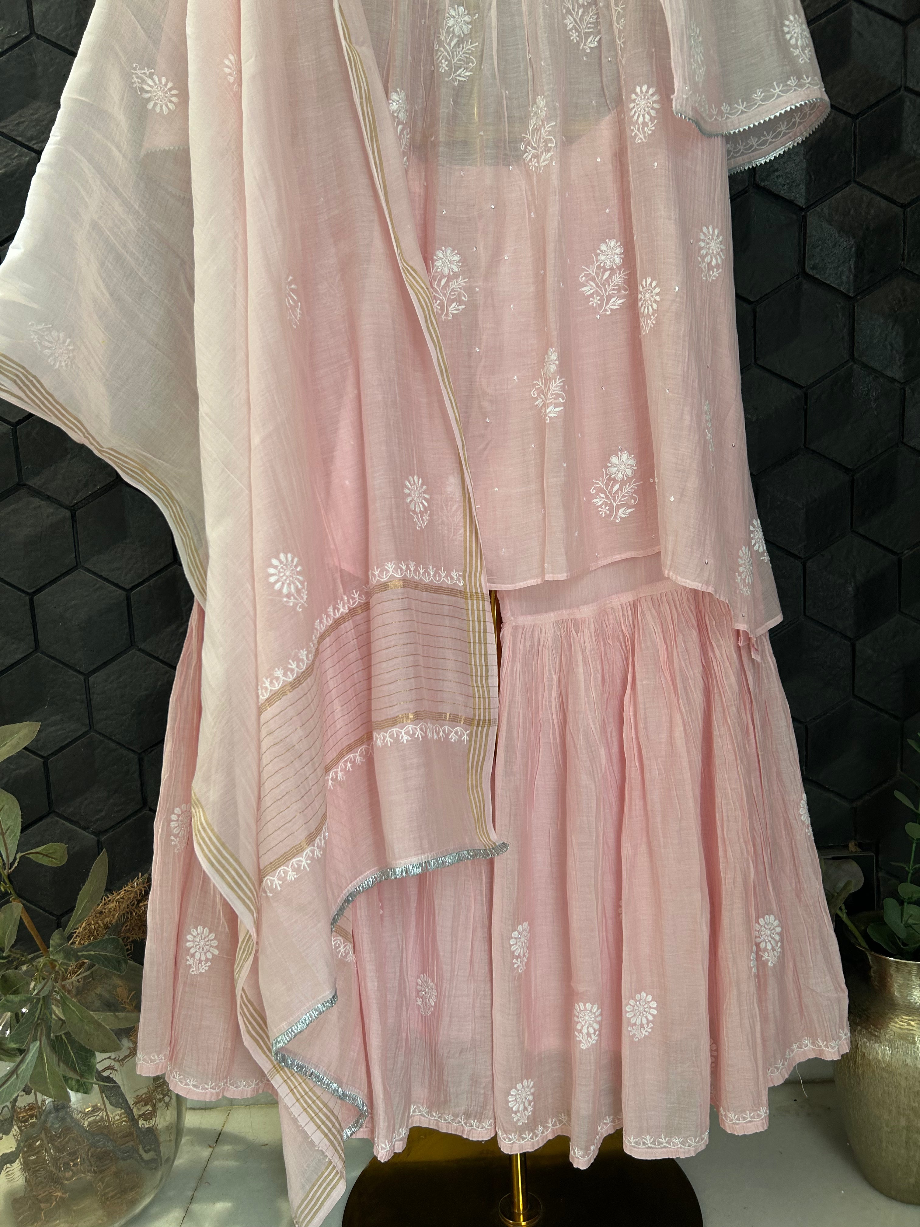 Pink Mul Chanderi Chikankari Sharara Set