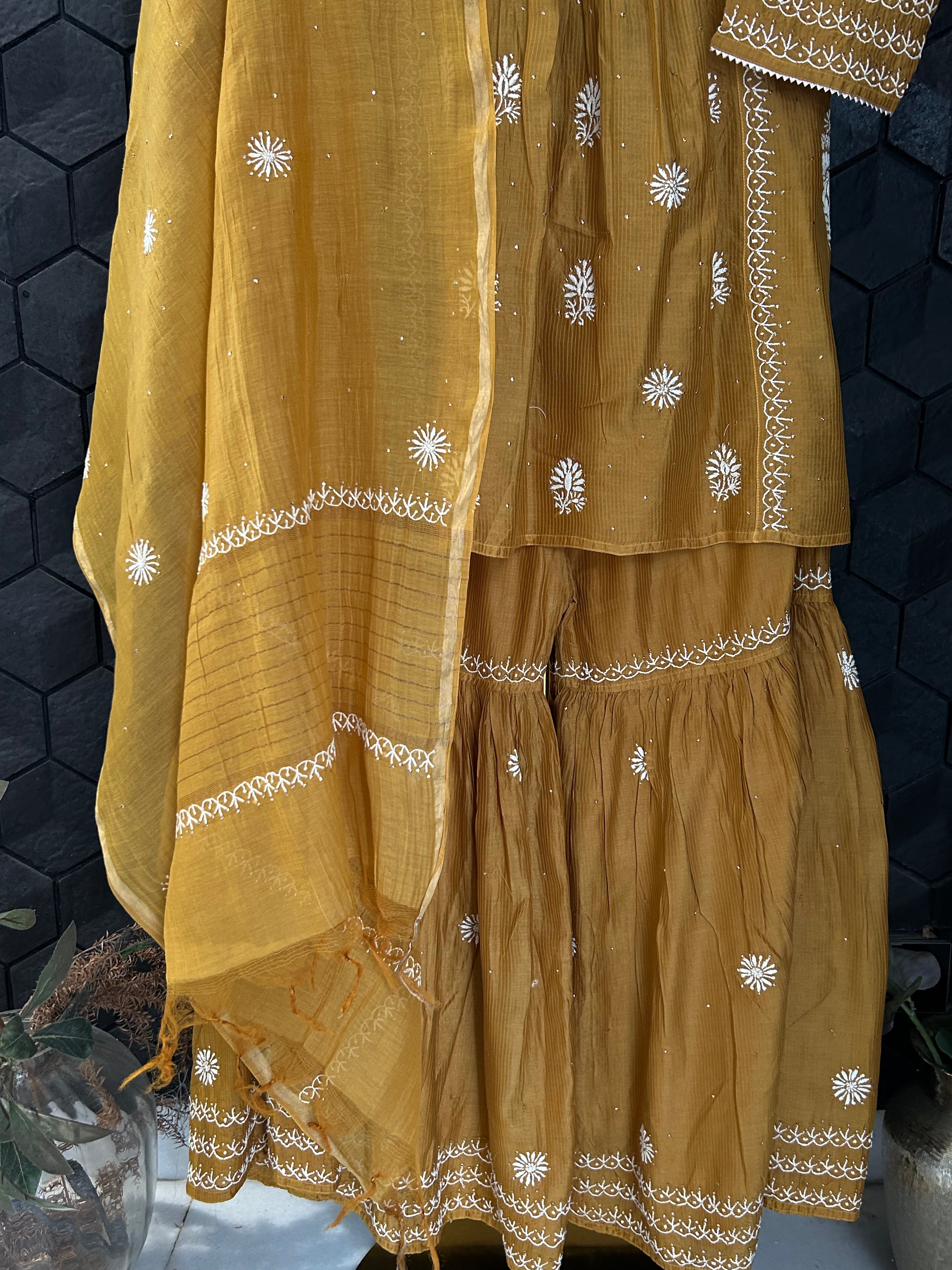Mustard Mul Chanderi Chikankari Garara Set