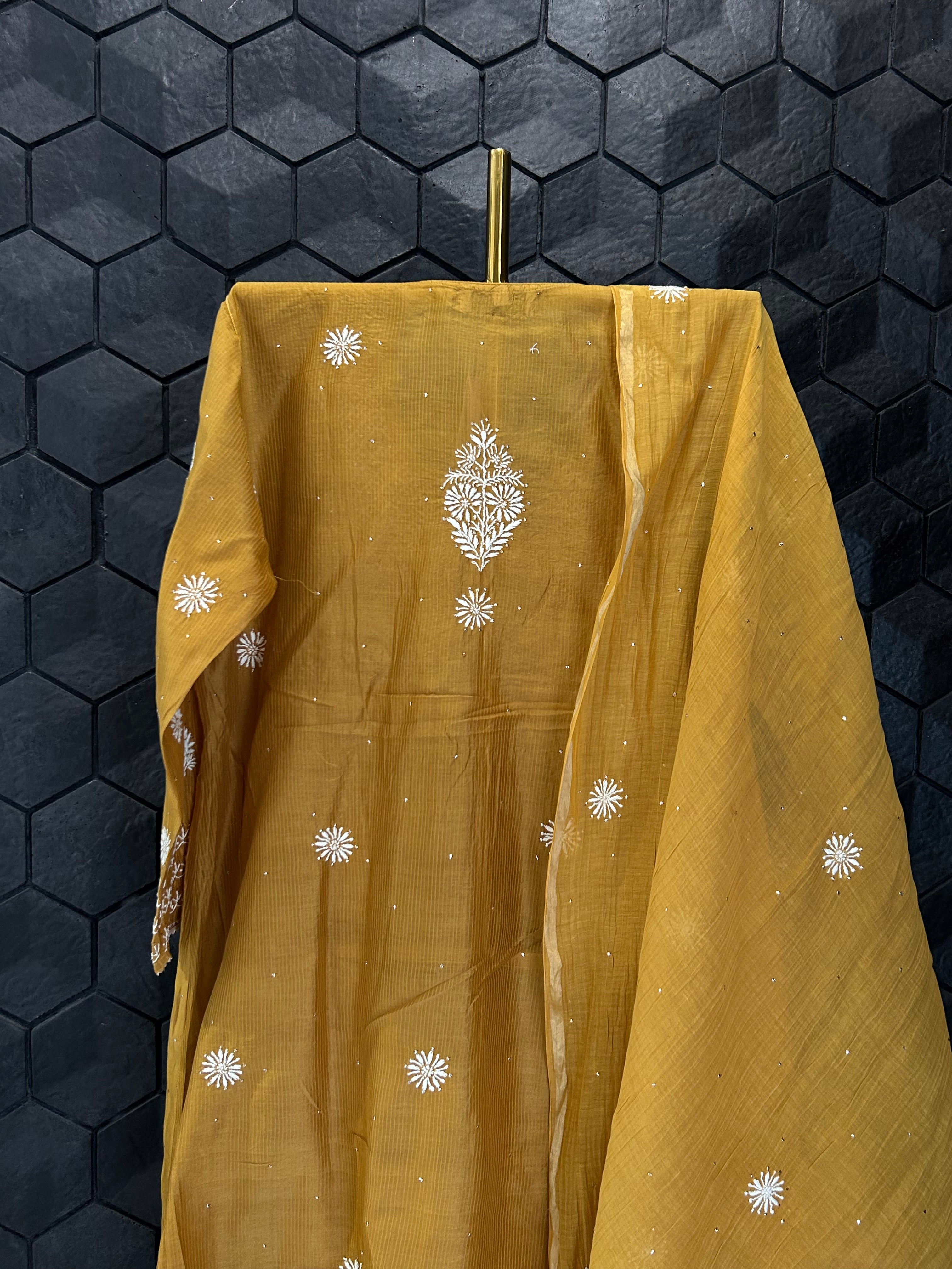 Mustard Mul Chanderi Chikankari Garara Set